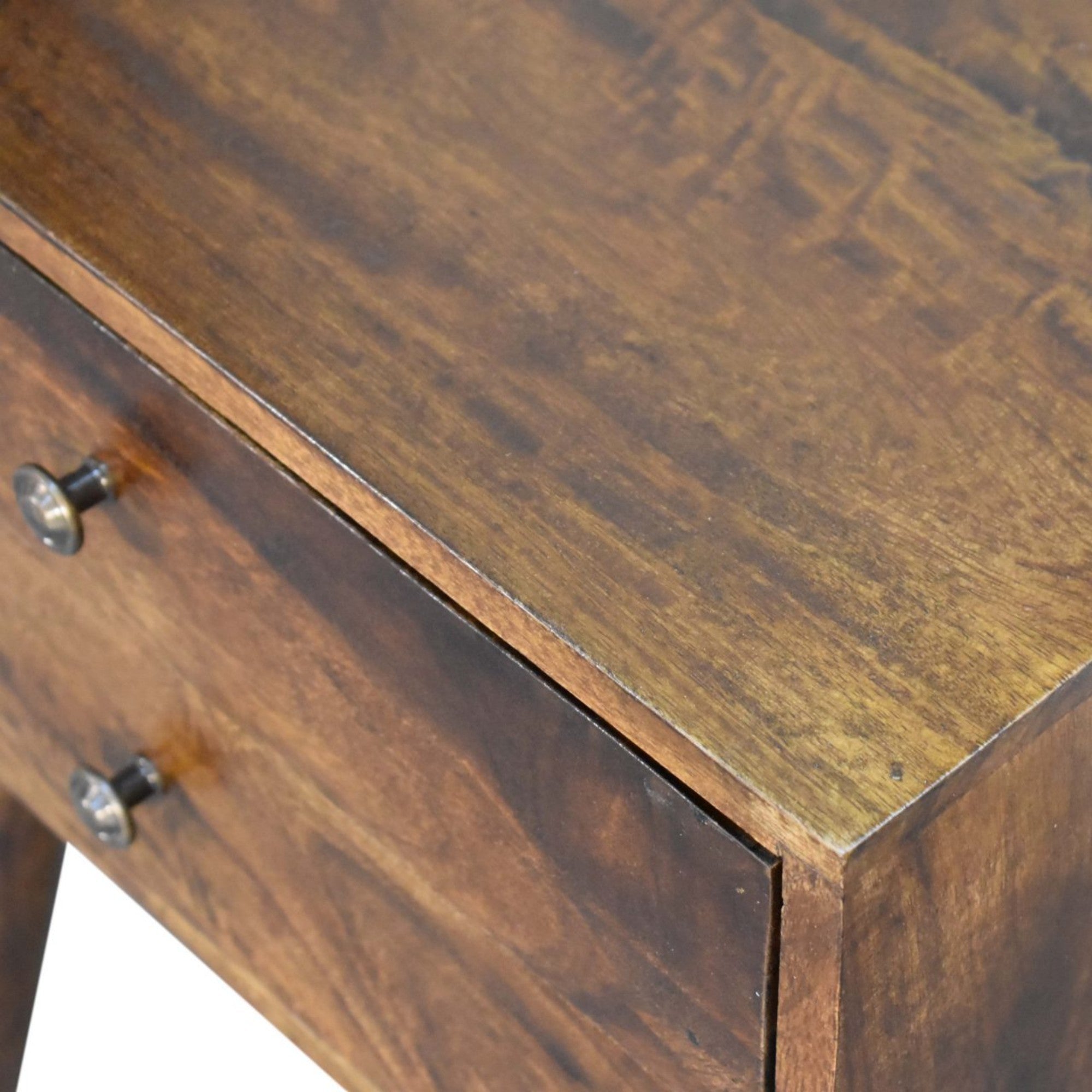 Solid Wood Bedside, Modern 2 Drawers, Dark Brown Chestnut