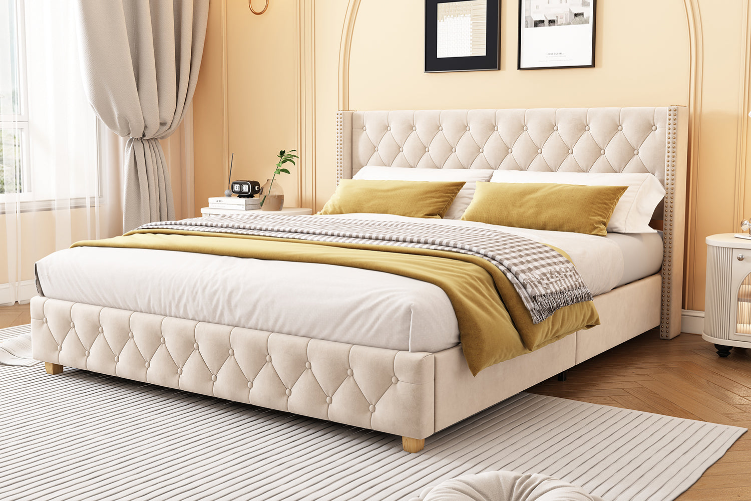 Upholstered Bed 160x200cm Button & Studded Headboard Slatted Frame - Light Beige Velvet