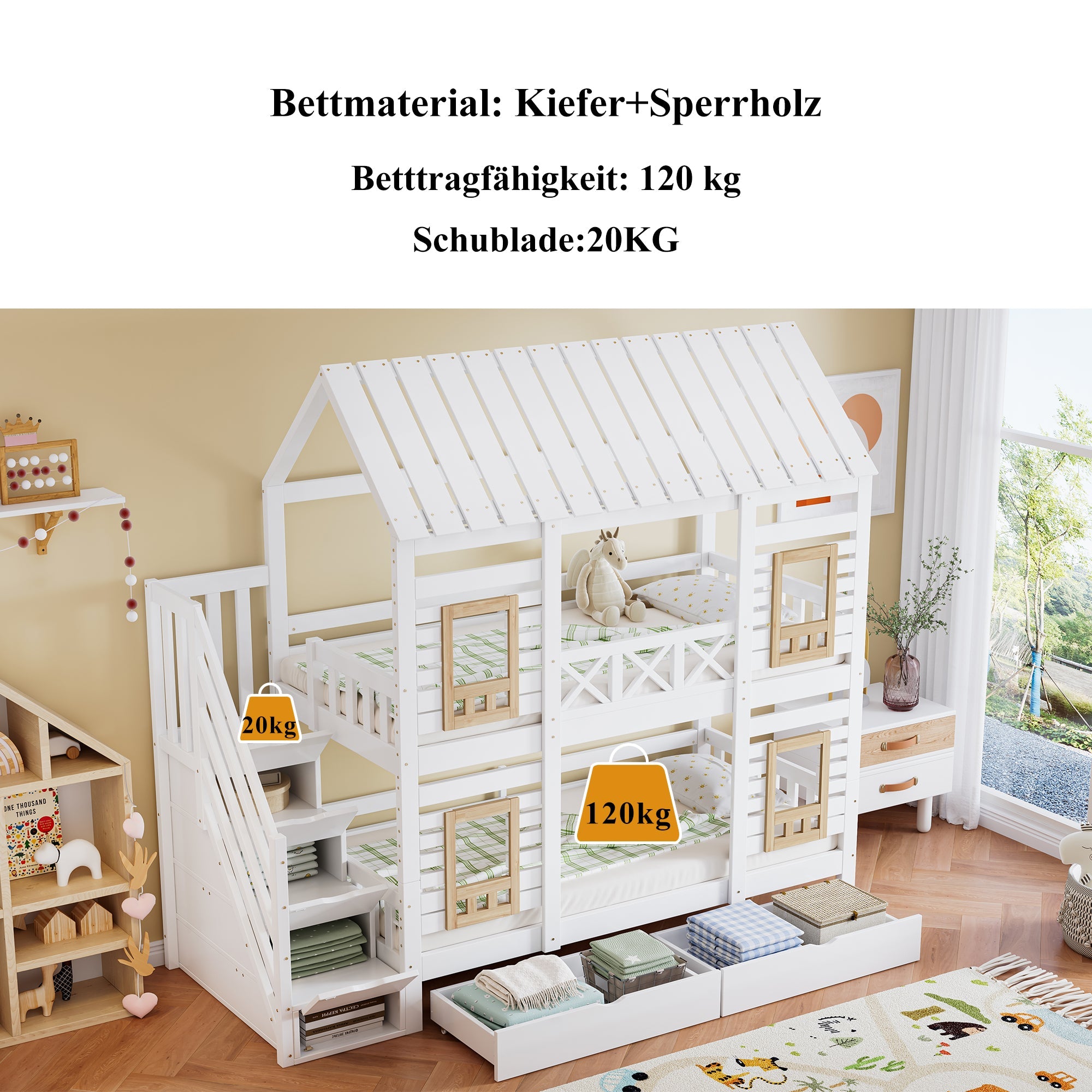 Bunk Bed Children's 90x200cm Safety Rail Storage Drawers Stairs, Pine+MDF White/Natural