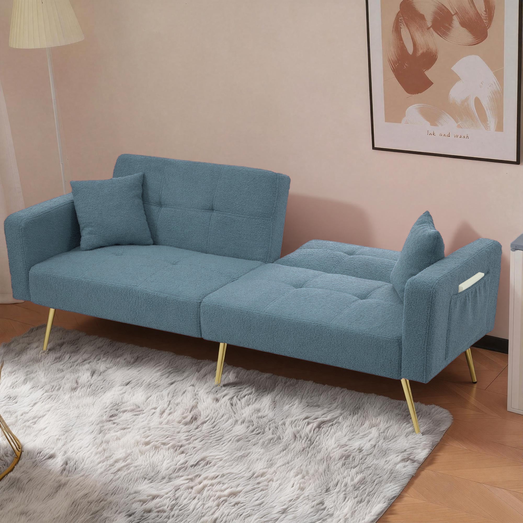 Sleeper Sofa with Adjustable Angle and Side Pockets, Smog Blue Sherpa