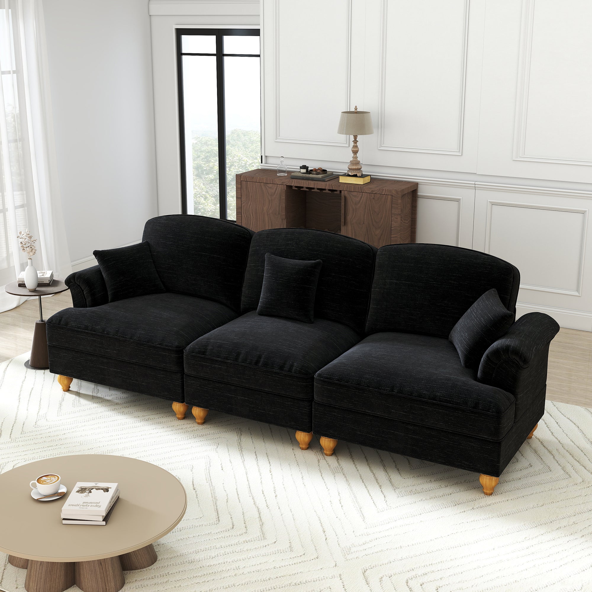 Sofa 3-seater Mid-Century Chenille Ruffled Apron - Black