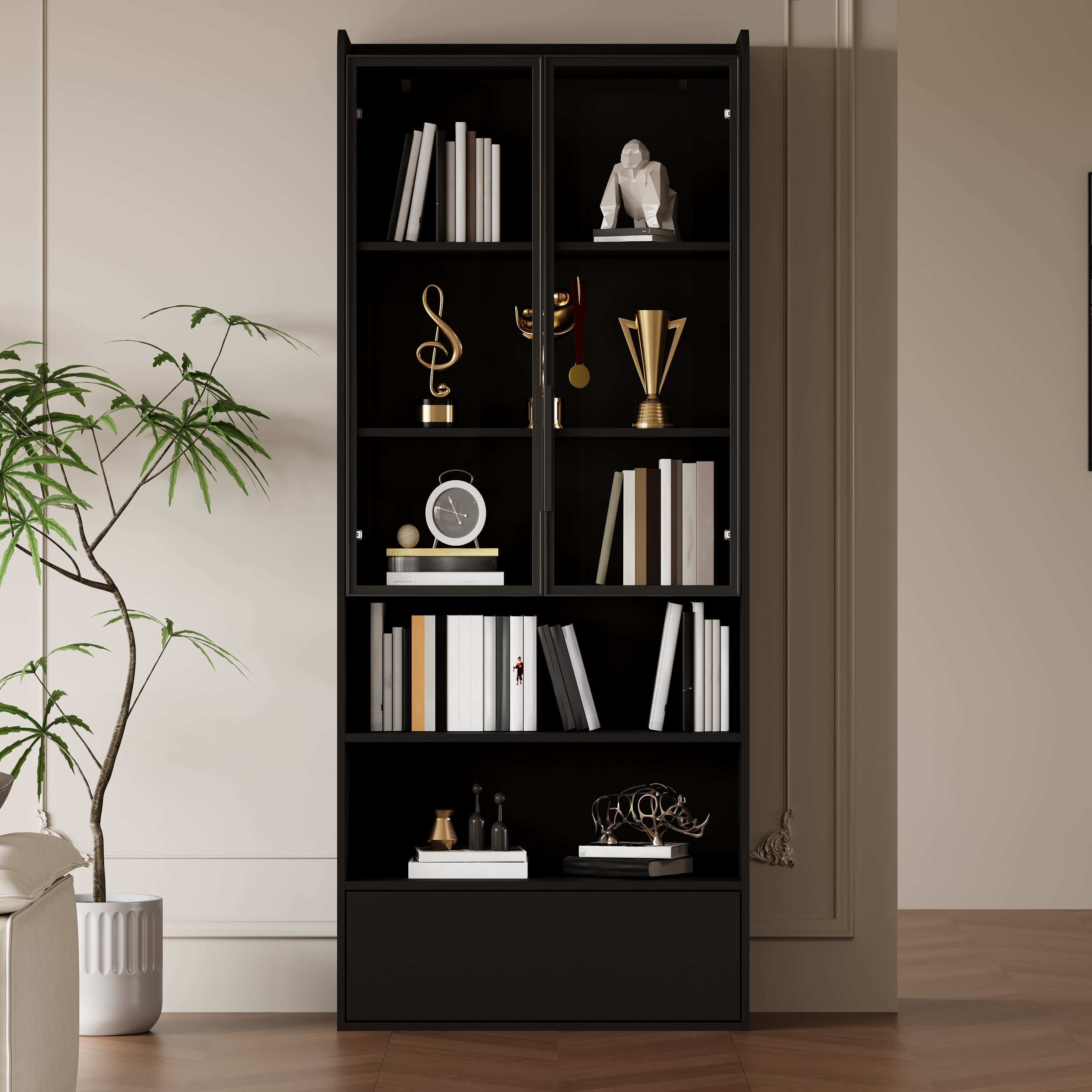 Tall Display Cabinet with 1 Drawer, LED Lighting and Glass Doors, Black
