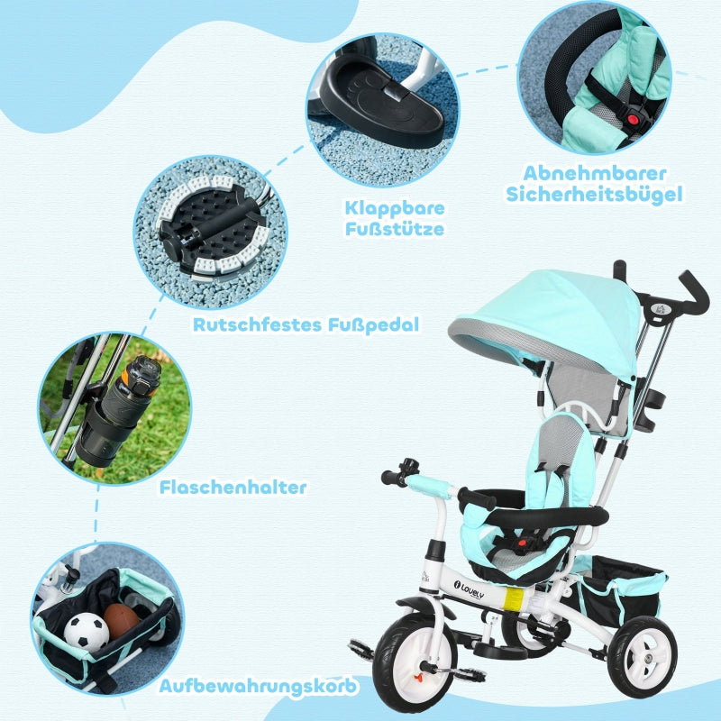 6-in-1 Tricycle with Push Bar, Sun Canopy, Safety Harness, Basket, Cup Holder, Green