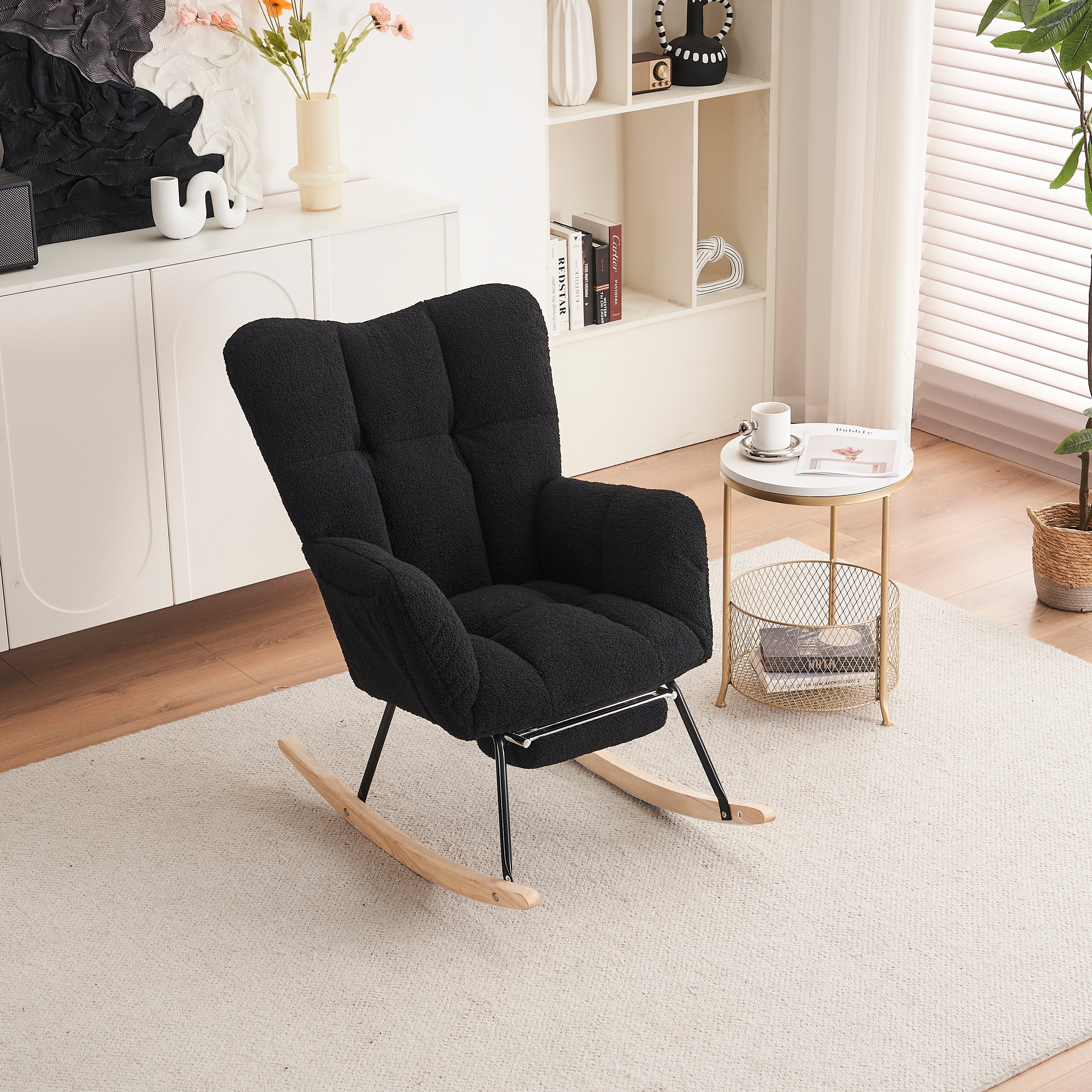 Modern Rocking Chair, Upholstered with Extendable Footrest, Black Teddy Taffeta