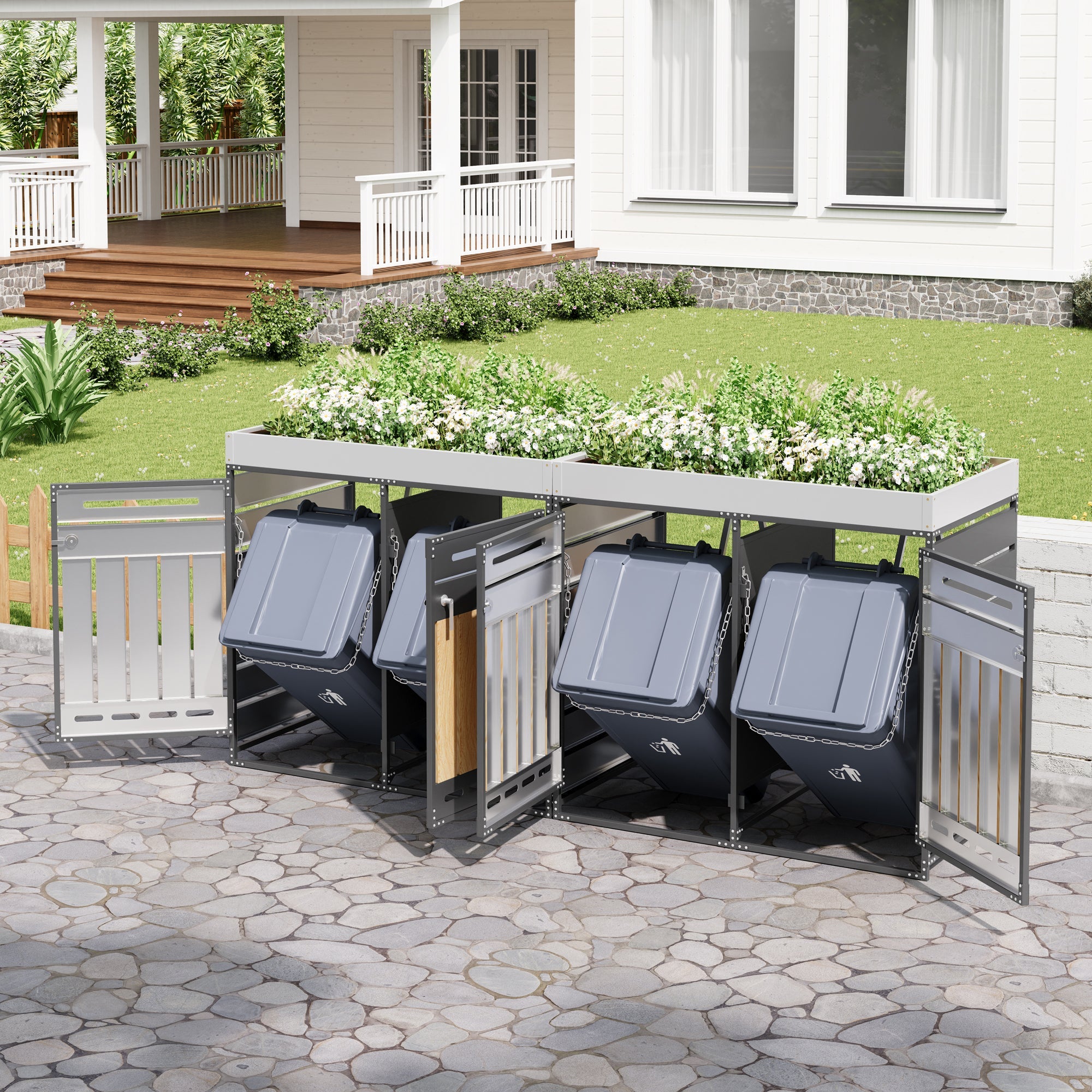 Set of 4 Bin Storage Units with Planter Boxes and Locking Garden Cabinet, Iron with Vertical Wood Grain Panels