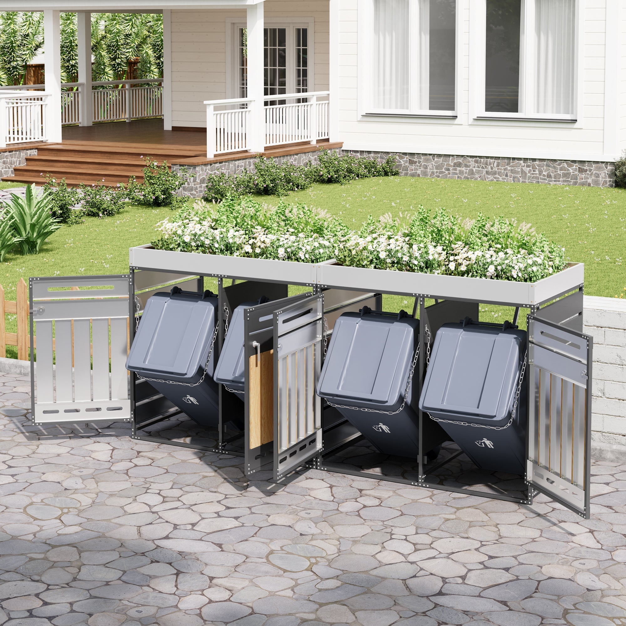 Set of 4 Bin Storage Units with Planter Boxes and Locking Garden Cabinet, Iron with Vertical Wood Grain Panels