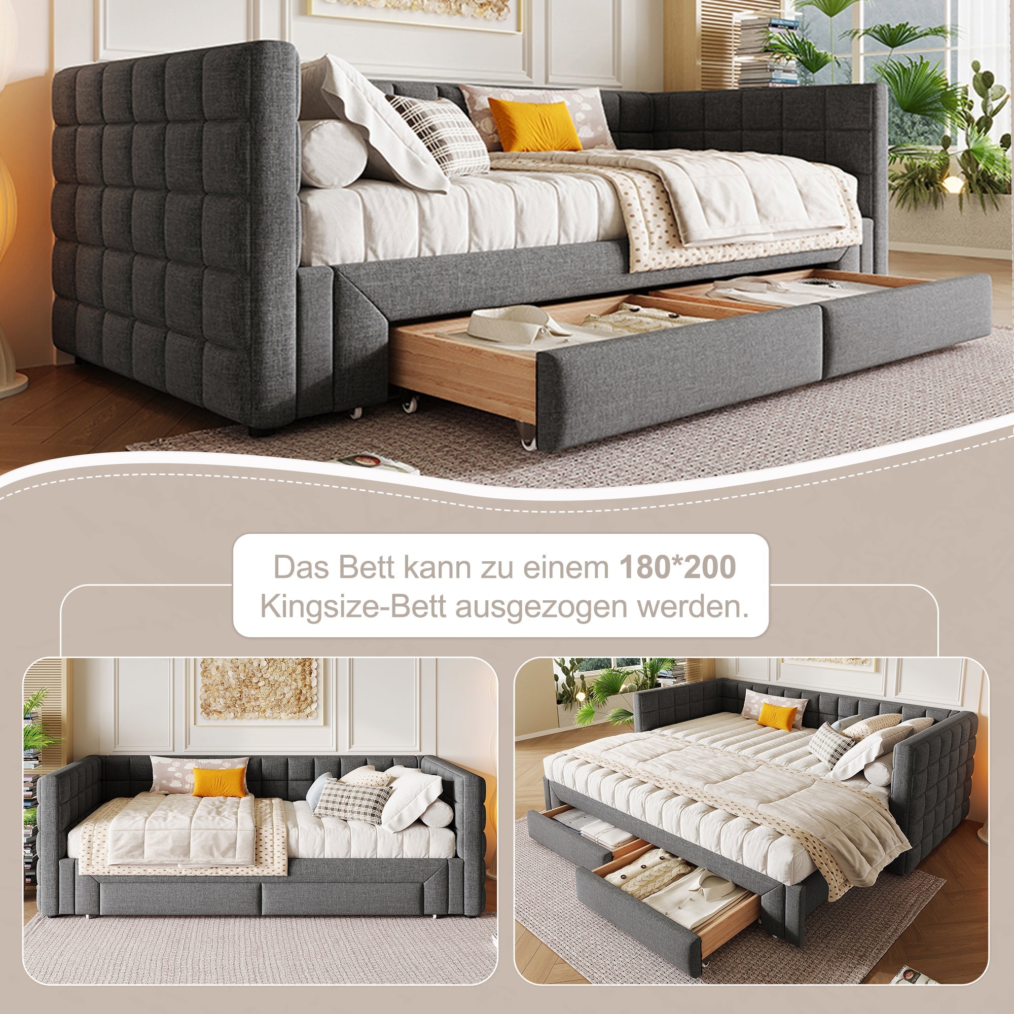 Daybed with Square Backrest and 2 Storage Drawers, Extendable to 180cm, Grey Velvet