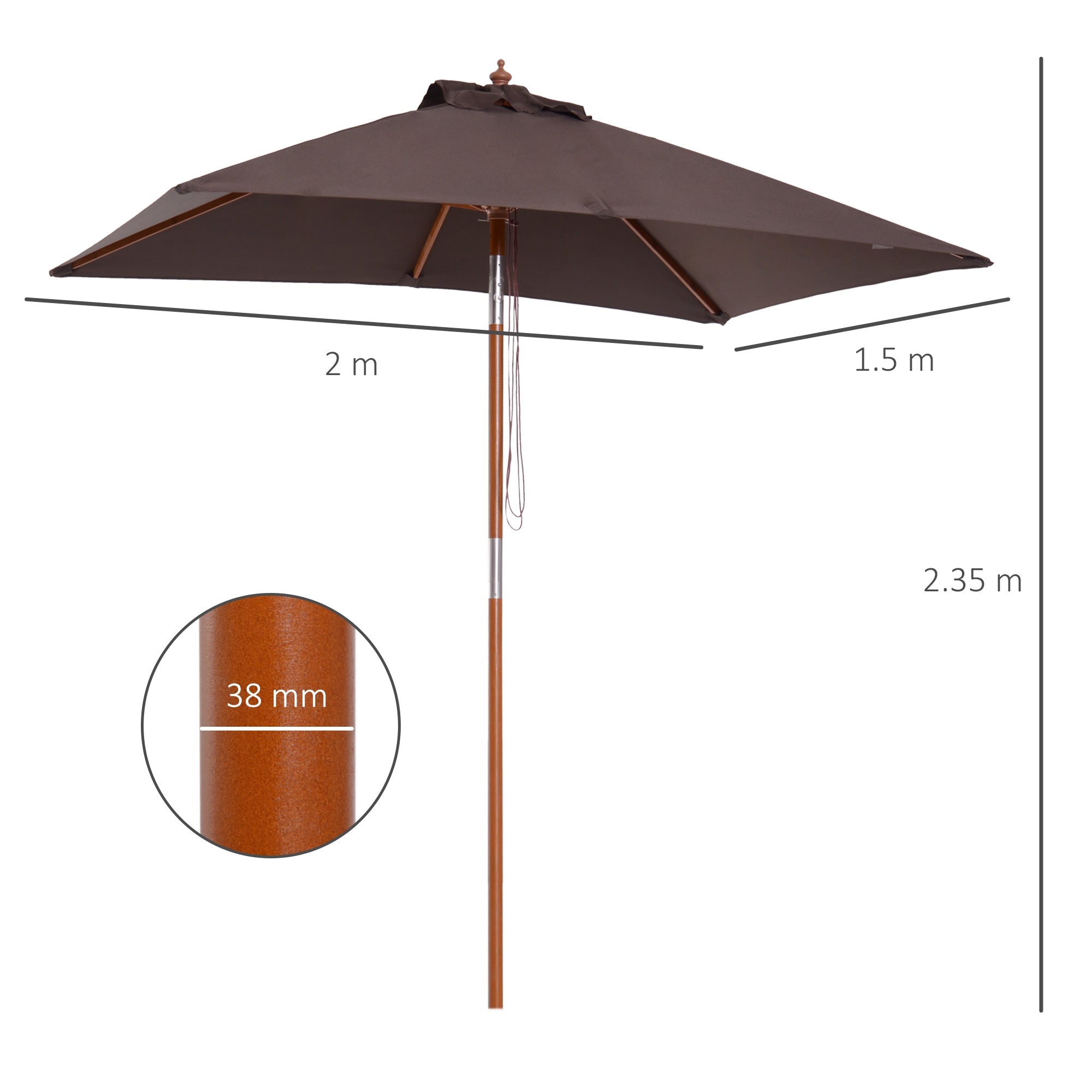 Parasol Garden Umbrella 200x150cm 3-Stage Adjustable, Fir Wood & Polyester Coffee