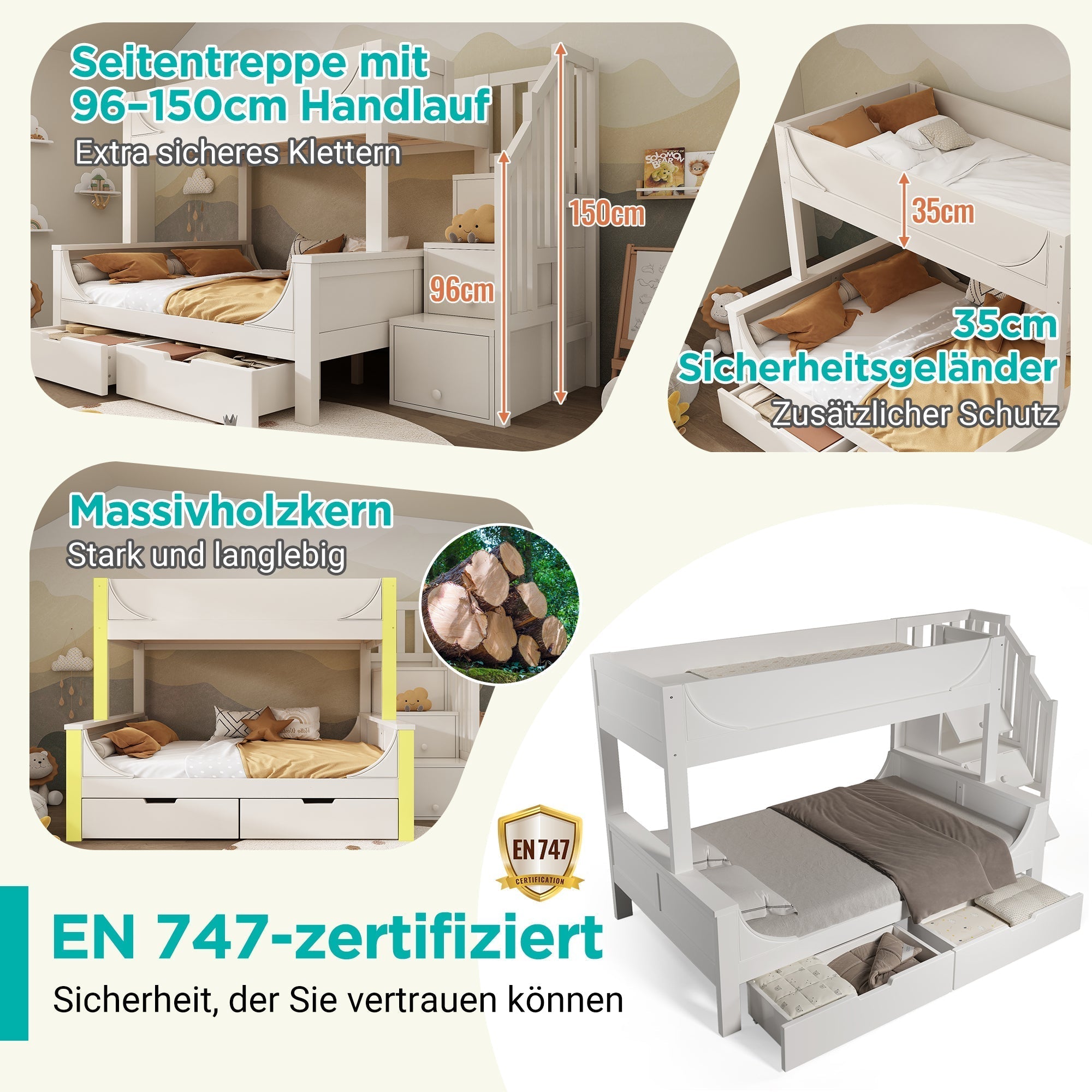 Bunk Bed with Ladder, Wardrobe, & Drawers, Sleigh Design 90/140x200cm Wooden White