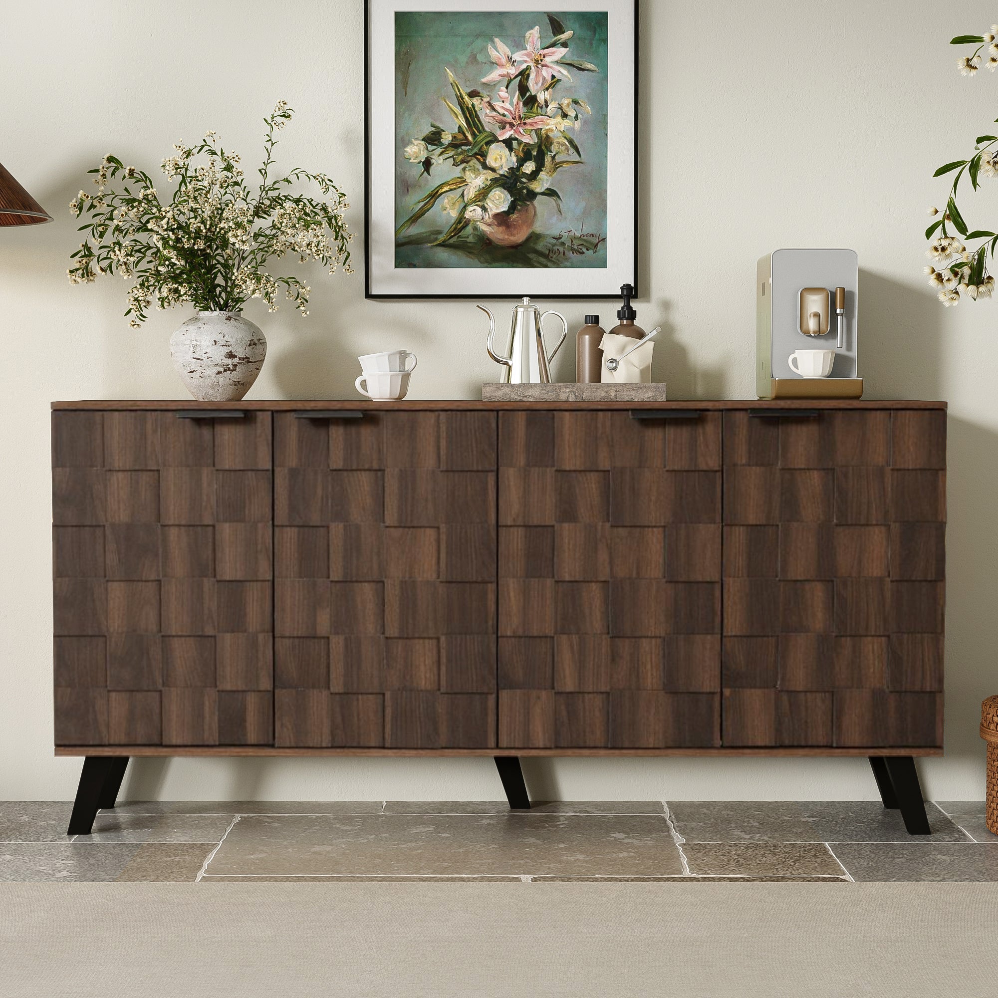 Modern Sideboard, 4 Doors 160.5x35.5x78 cm, Dark Wood Grain