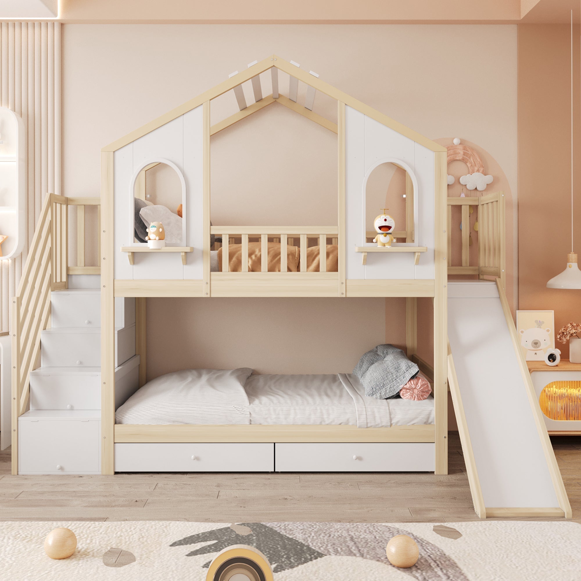 Children's Bunk Bed 90x200cm House Slide Storage Wood Color