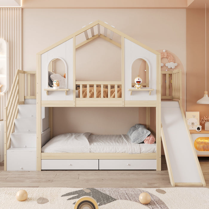 Children's Bunk Bed 90x200cm House Slide Storage Wood Color