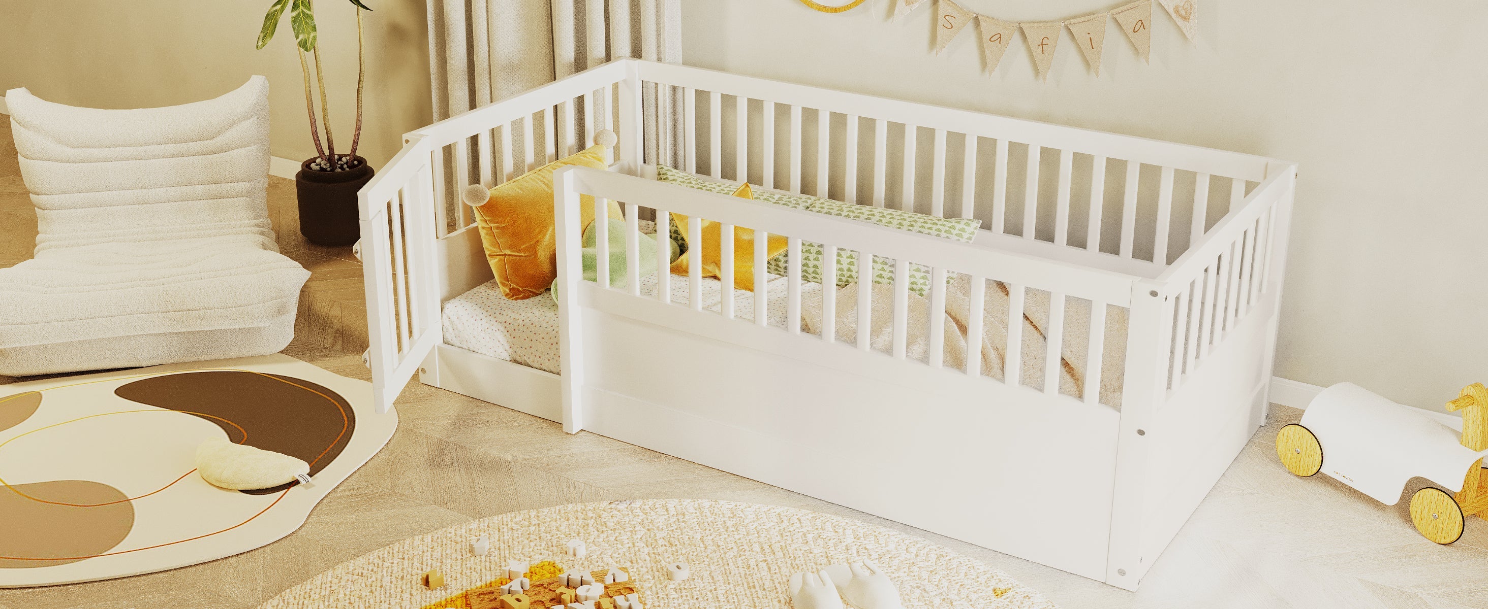 Children's Bed 90x200cm with Railing and Door, White Wood