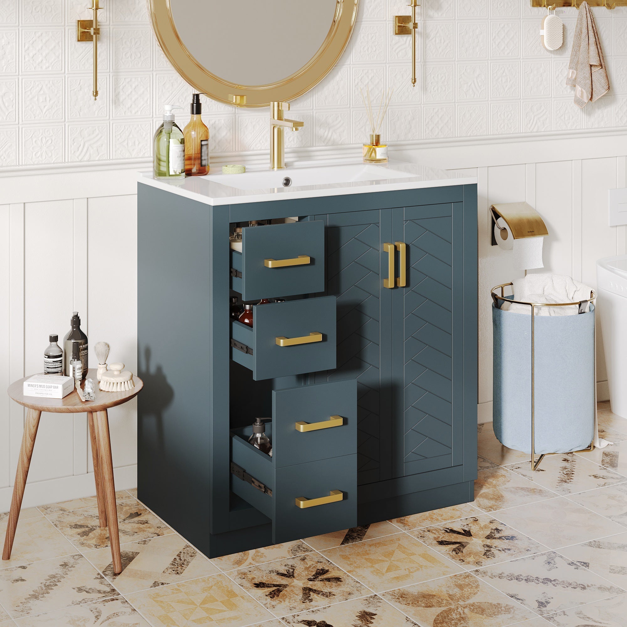 Bathroom Vanity Unit with Ceramic Sink and Storage Drawers, Blue
