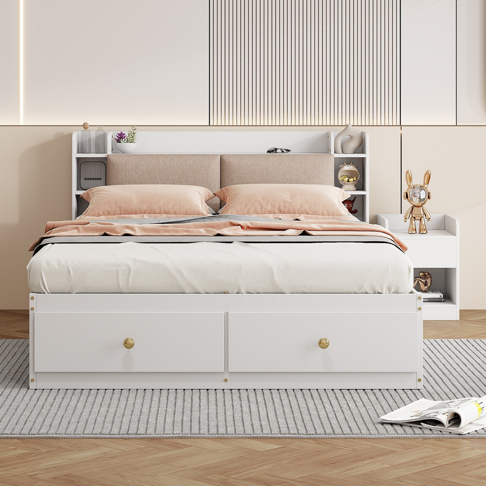 Combo Bed 140*200cm, Storage Headboard with Drawers & Sofa Bench, Solid Wood White