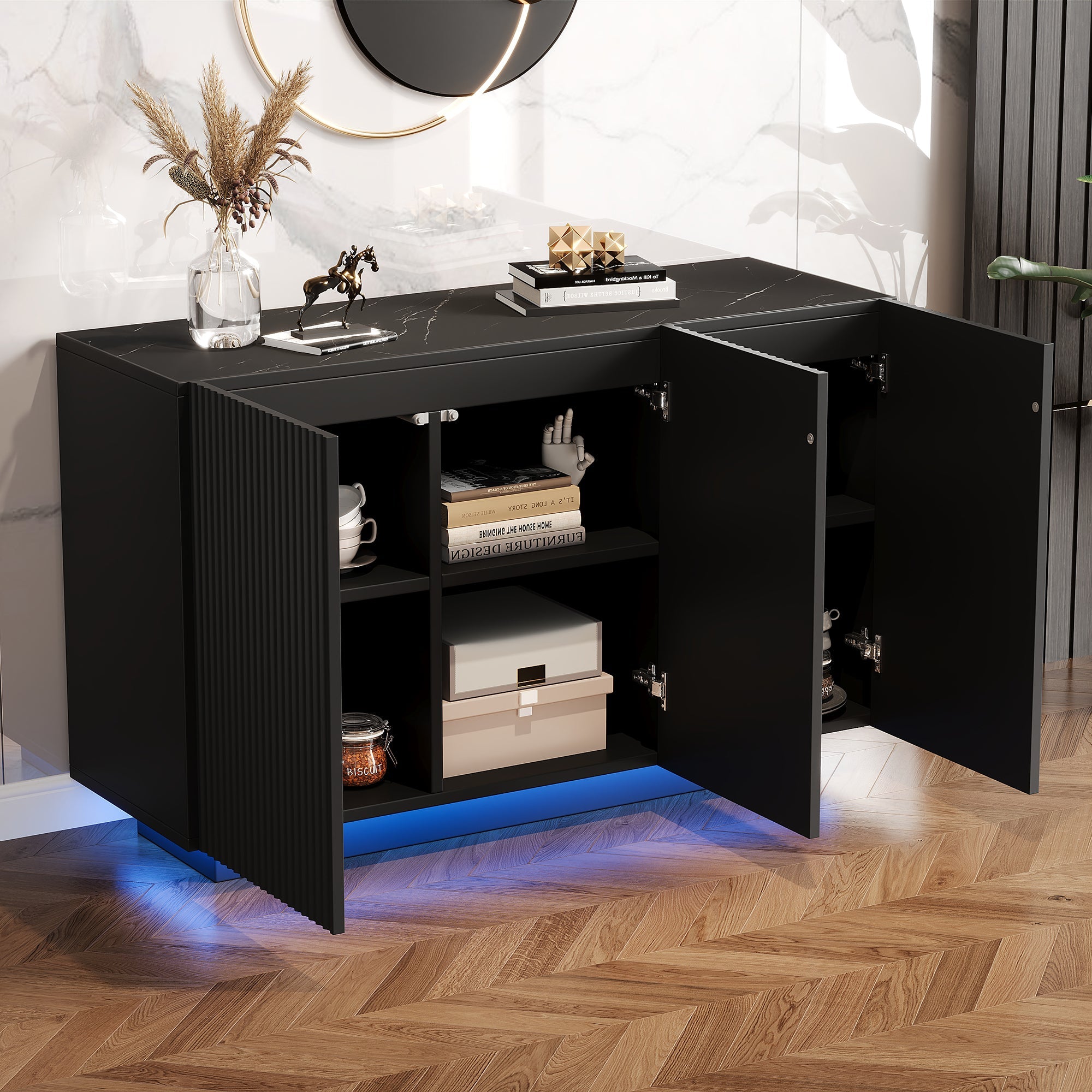 LED Chest of Drawers, Modern Design Sideboard with Lighting, 120cm, Black Marble Look