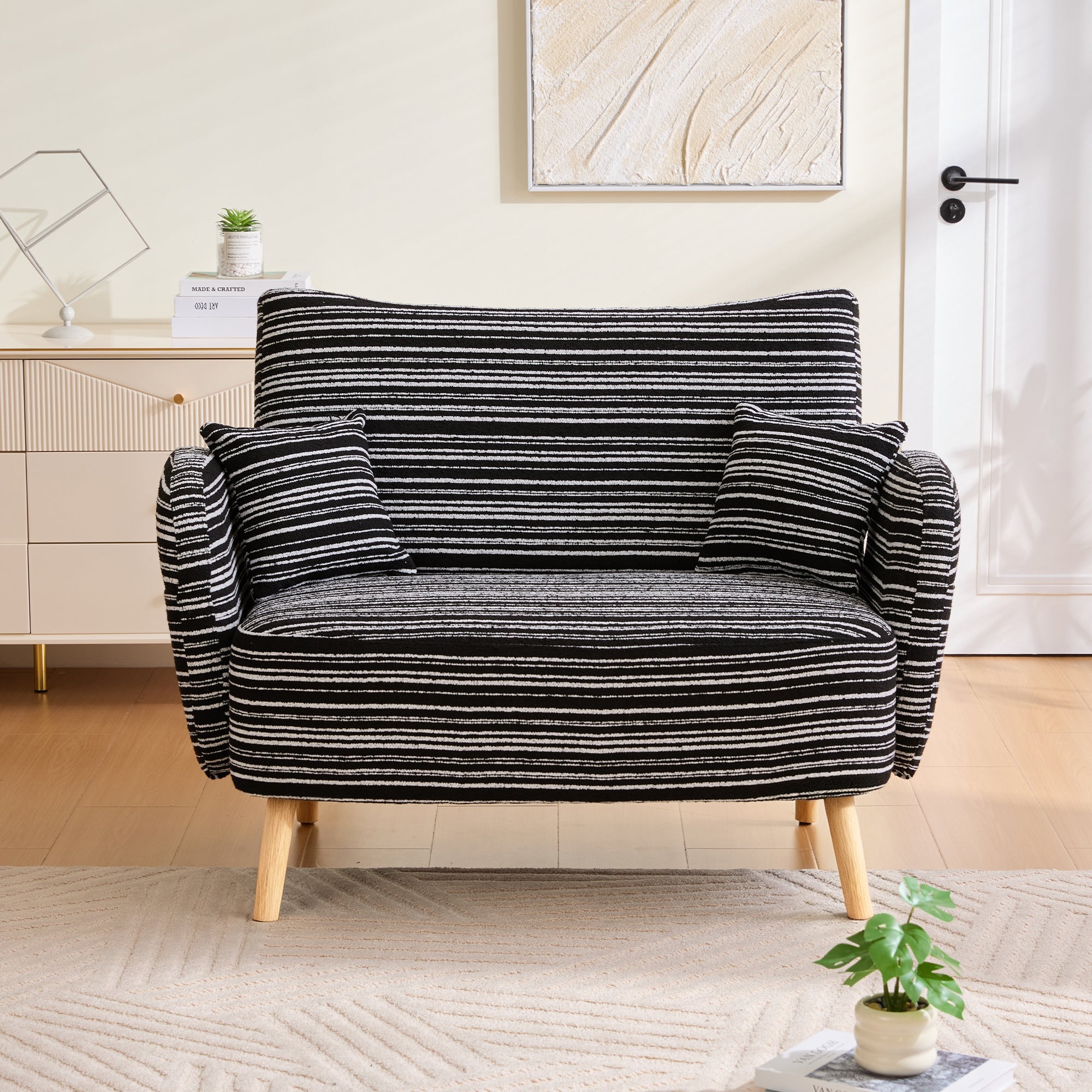 Modern Two-Seater Sofa with Armrest Cushions and Storage Bag, Boucle