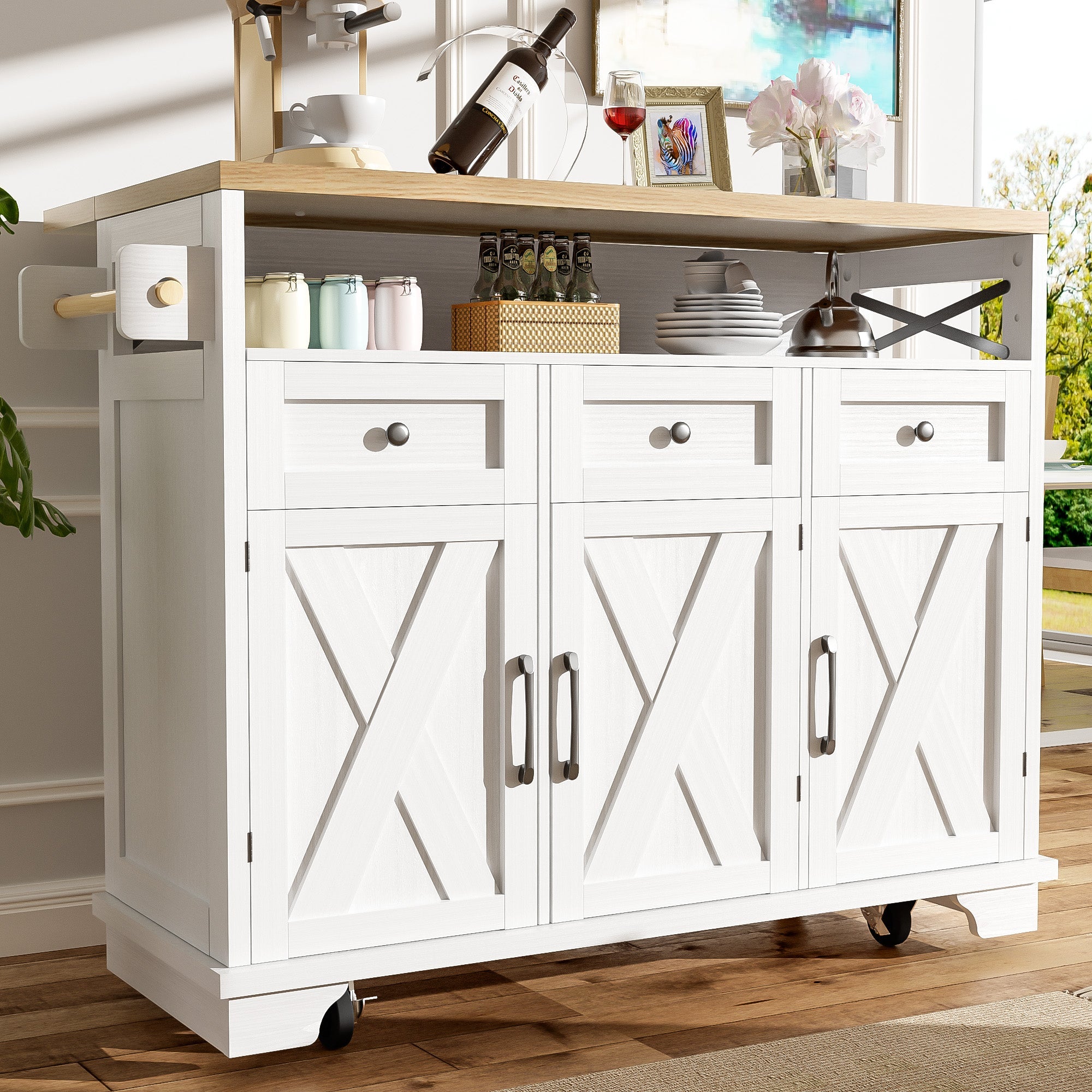 Modern Kitchen Island 118x43x98cm Mobile Storage Towel Rail - White