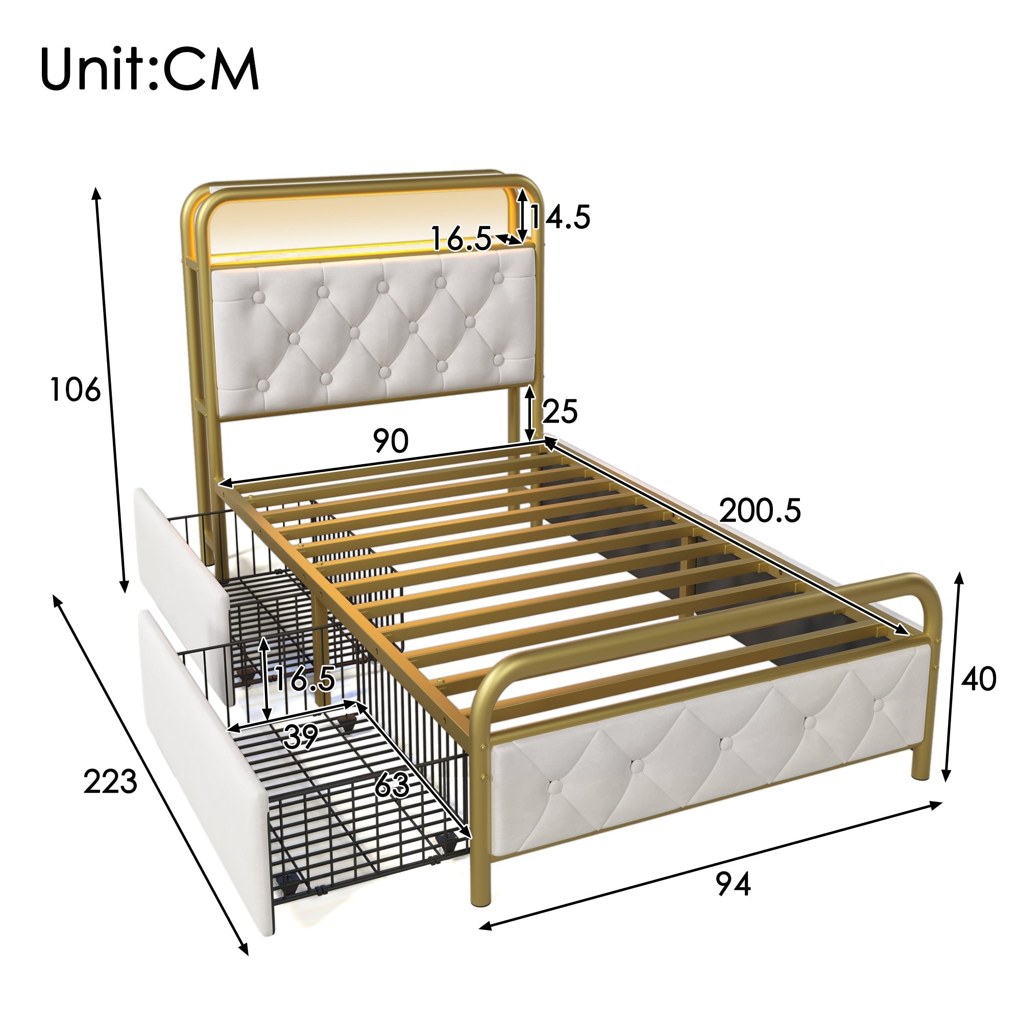 Upholstered Single Bed with USB Type C & LED, 90x200, 2 Drawers, Velvet