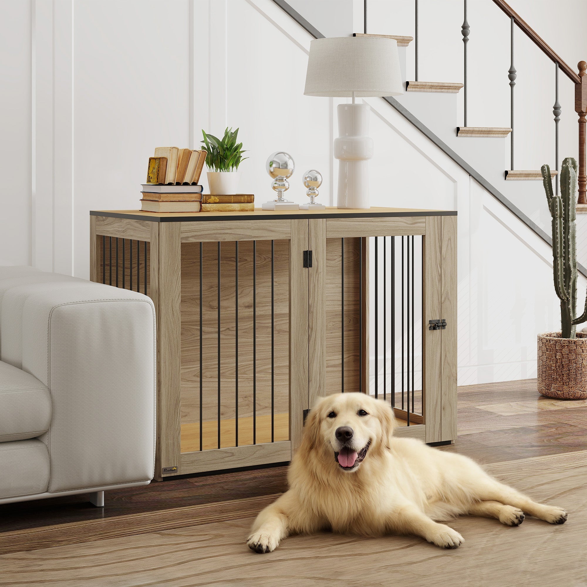Hundekäfig-Möbel, Box mit Tür und Fenster, Eiche