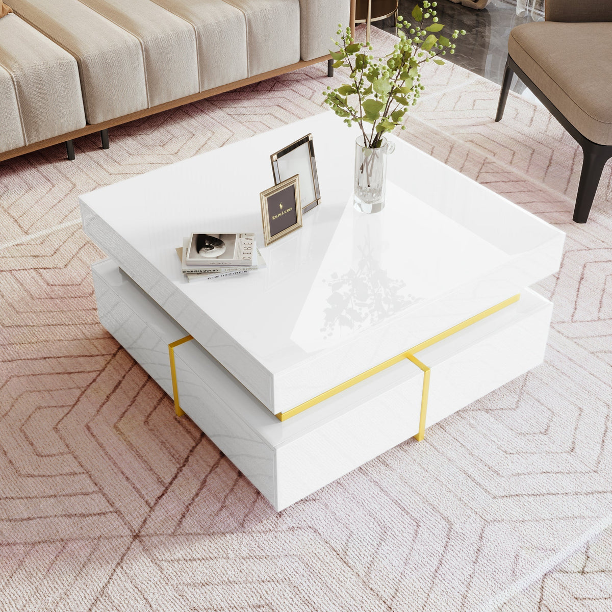 Coffee Table High-Gloss Drawers Gold Accents