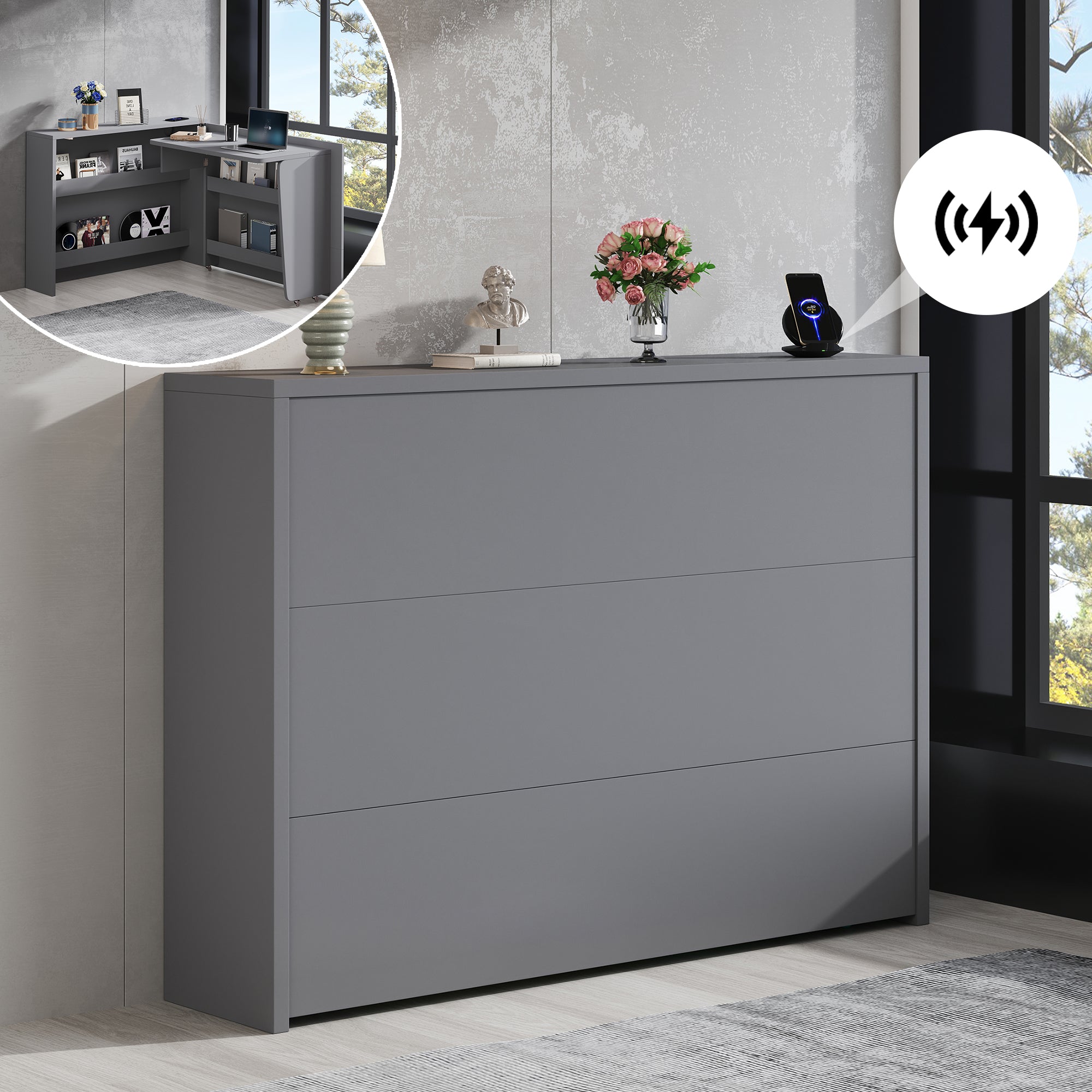 Foldable Desk, 2-in-1 Sideboard & Workstation with Wireless Charger, Wheels & Anti-Tip