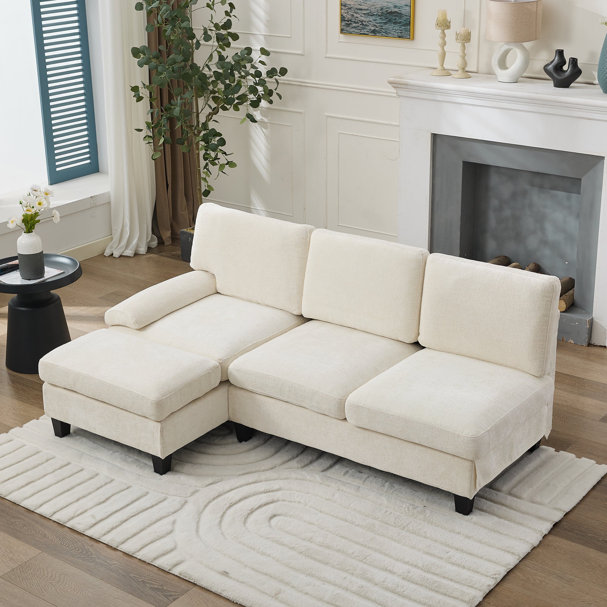 L-Shaped Sleeper Corner Sofa Upholstered 3-Seater Beige Linen