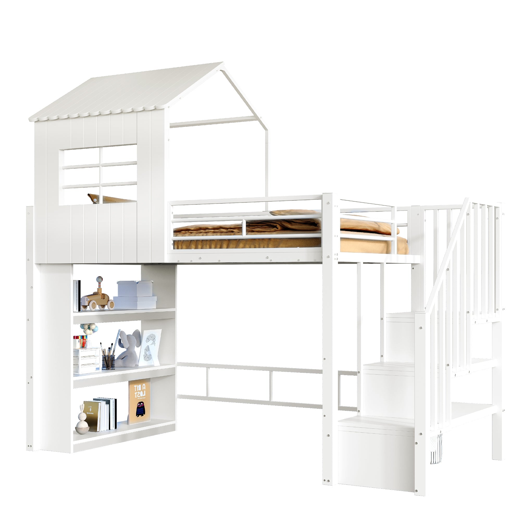 Iron Loft Bed with House Design, Storage Shelf and Safety Stairs, 90x200cm, White