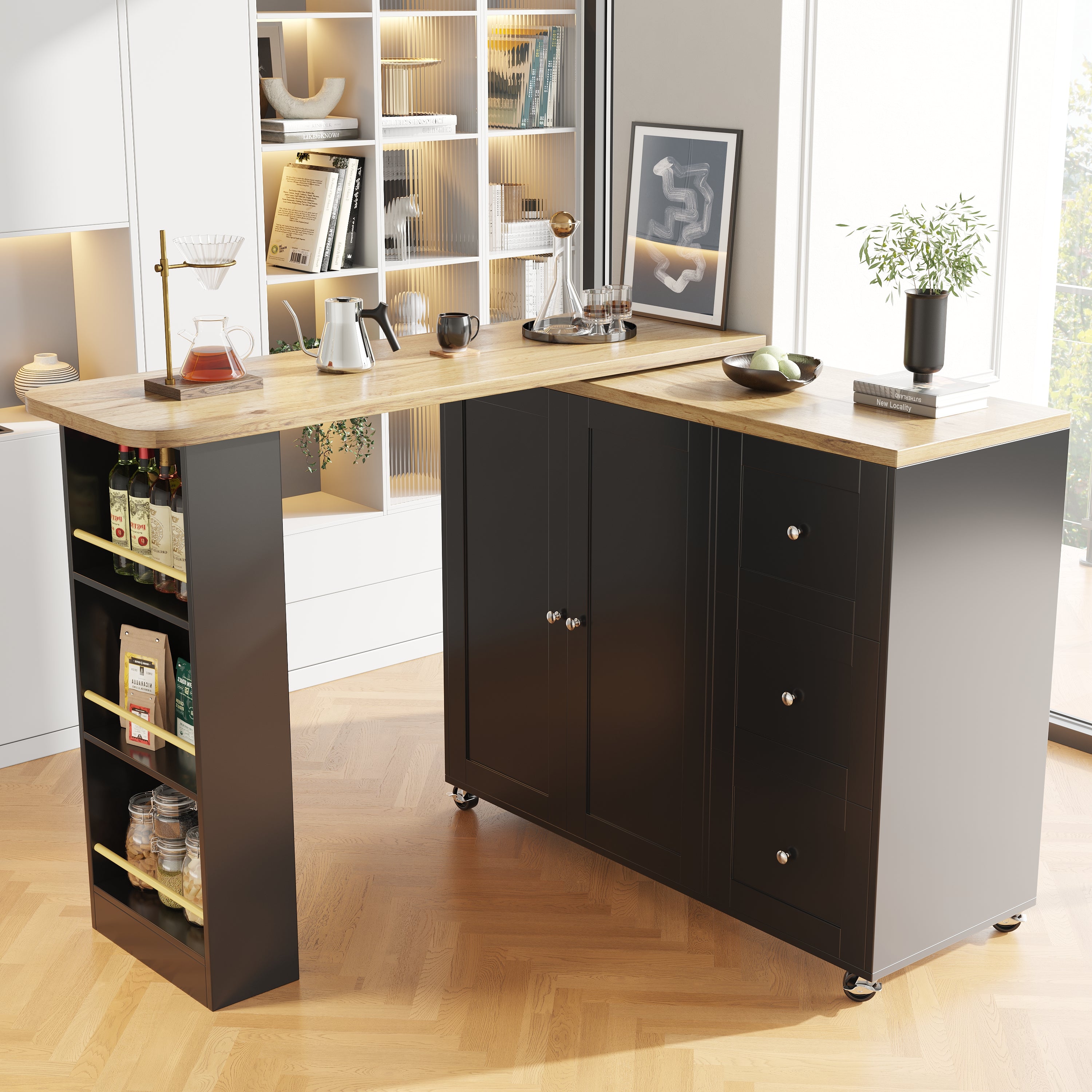 360° Swivelling Dining Table (138-209 x 39 x 106 cm) with Castors, Bar Table, Three Drawers, Snack Rack, Multifunctional Storage Island for Kitchen and Living Room, Black