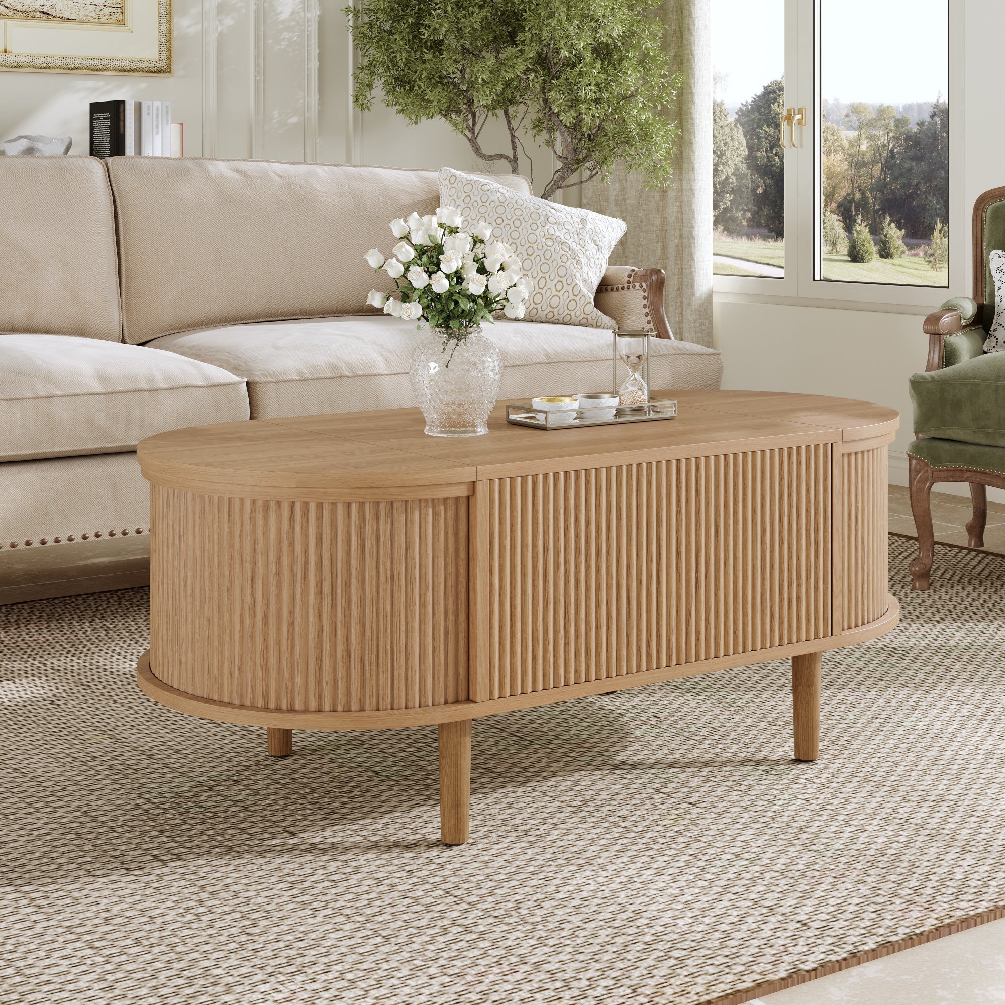 Oval Adjustable Coffee Table with Storage and Multifunctional Design, Vintage Style, Solid Wood Legs