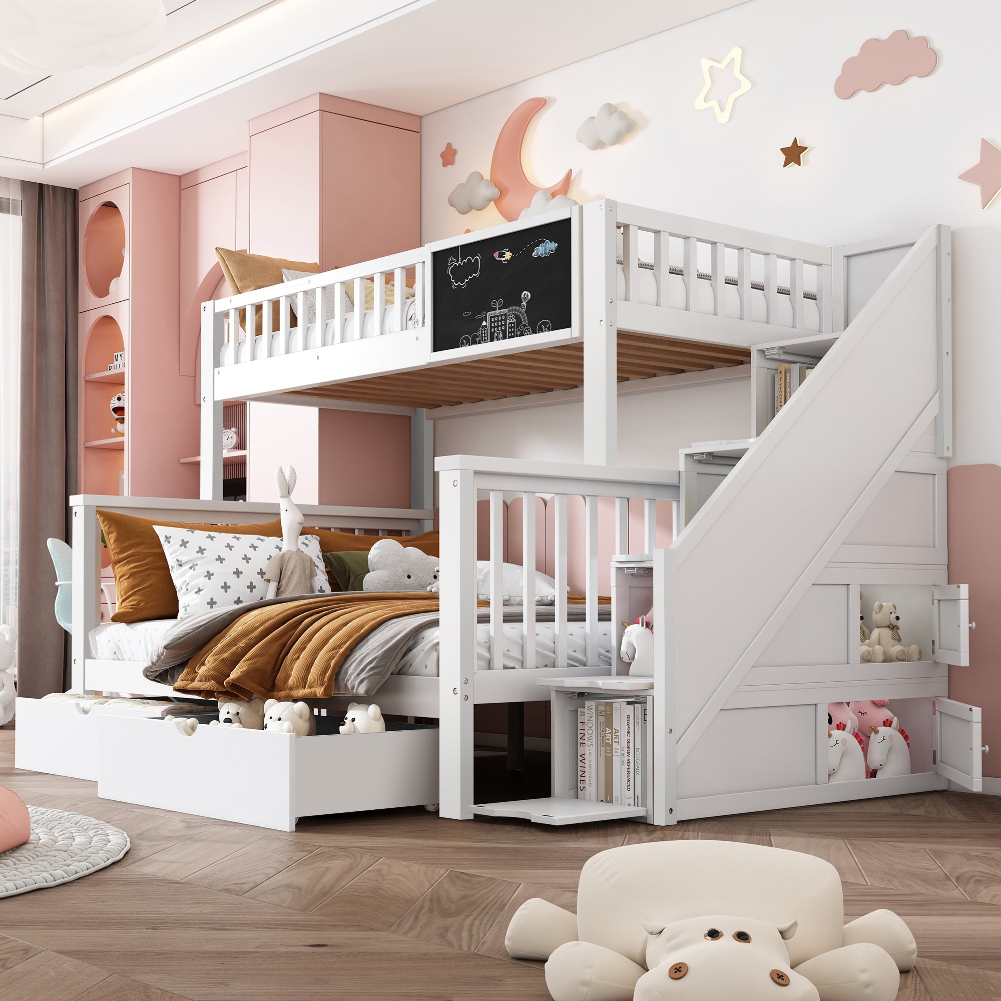 Multifunctional Bunk Bed with Chalkboard and Drawers, 90x200cm and 140x200cm, White