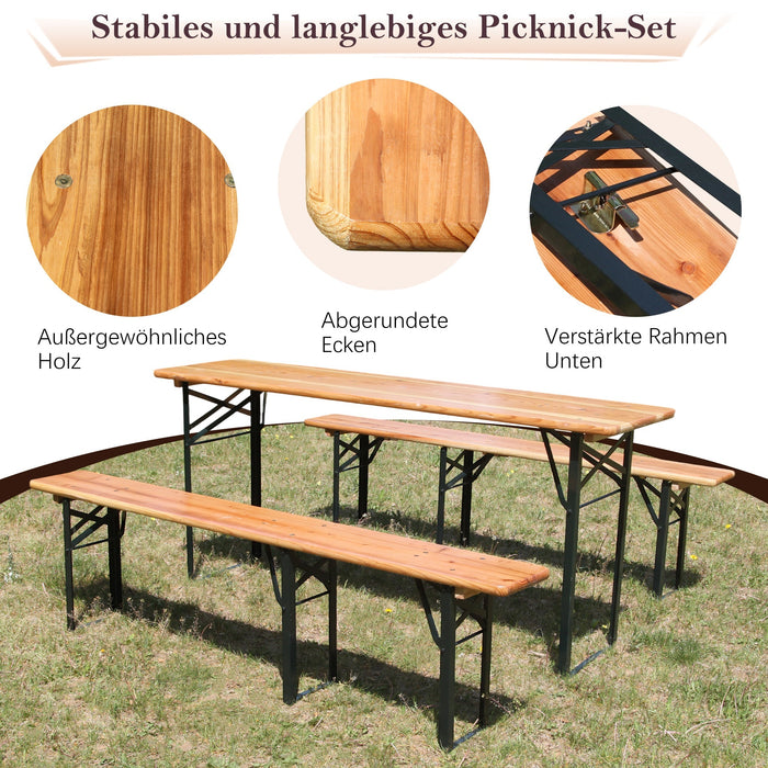 Foldable Beer Garden Set 3-Piece 175cm Space-Saving - Solid Pine