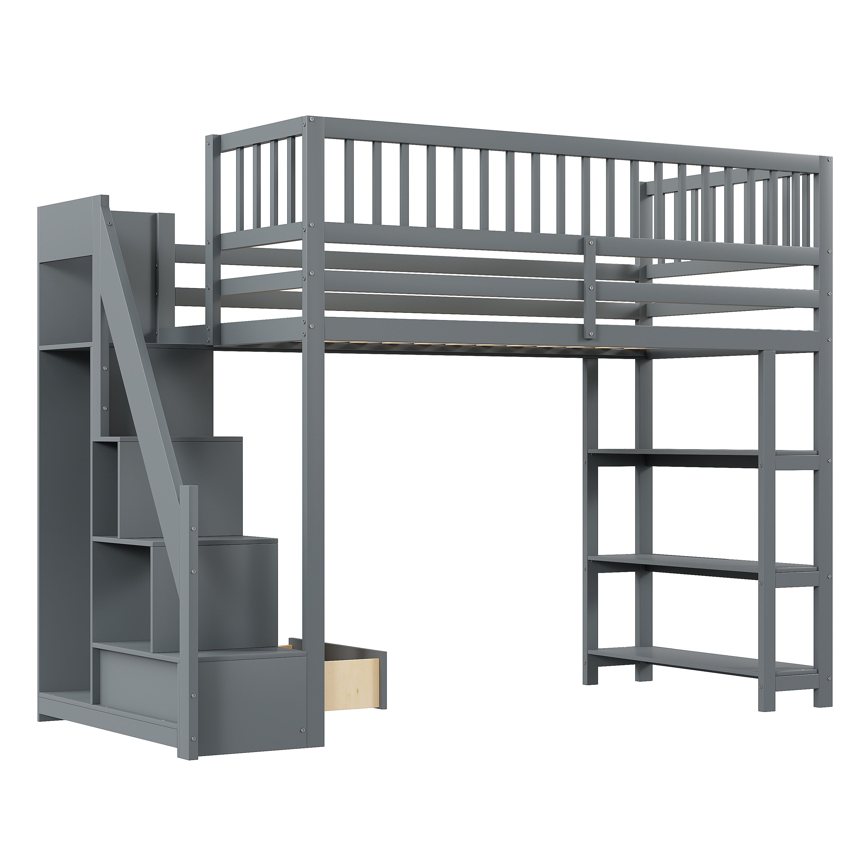 Loft Bed, 90x200 Multifunctional with Wardrobe & Storage, Grey Wooden