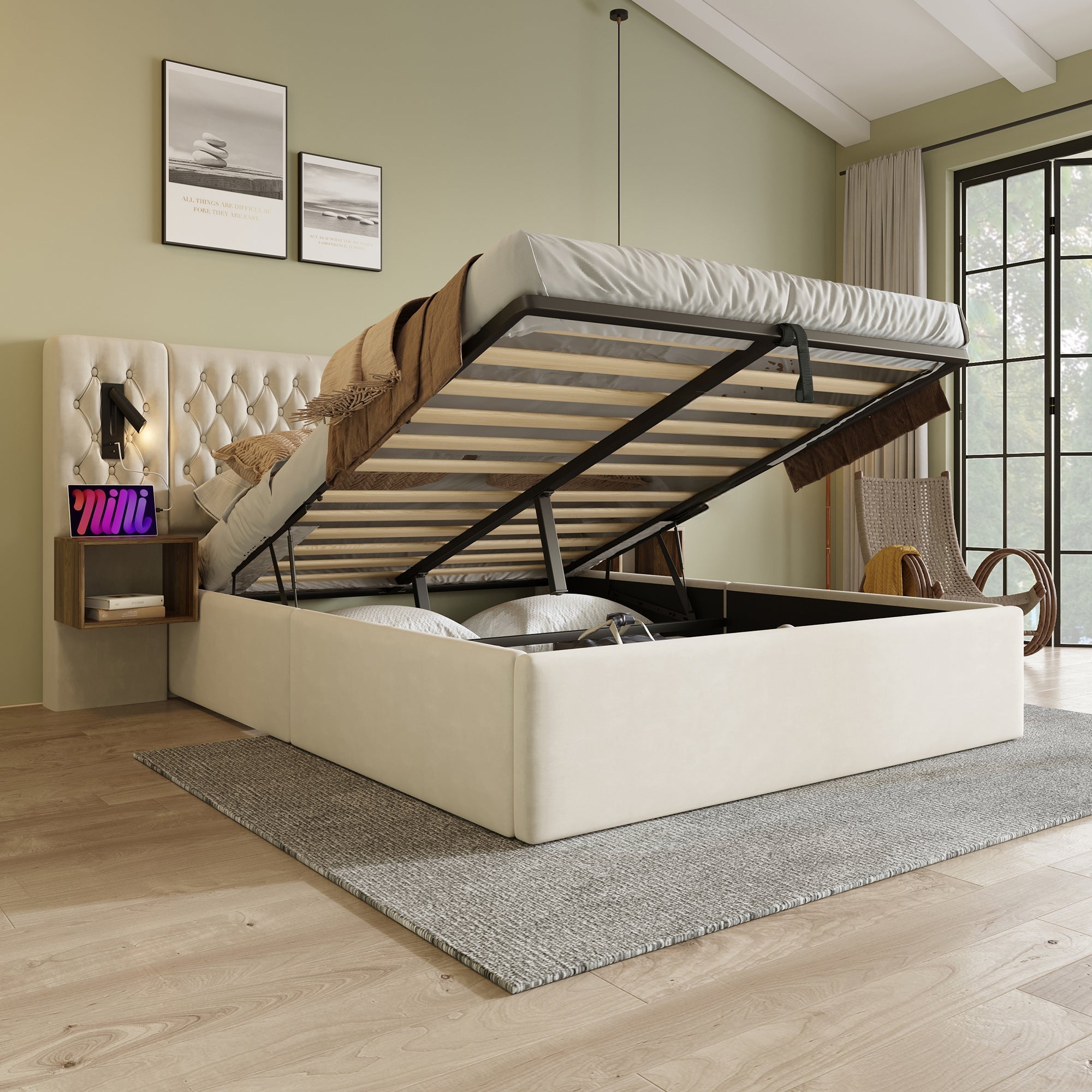 Bedroom Complete Set, Upholstered Hydraulic Storage Double Bed with 2 Bedside Tables & USB Reading Light, Beige Velvet