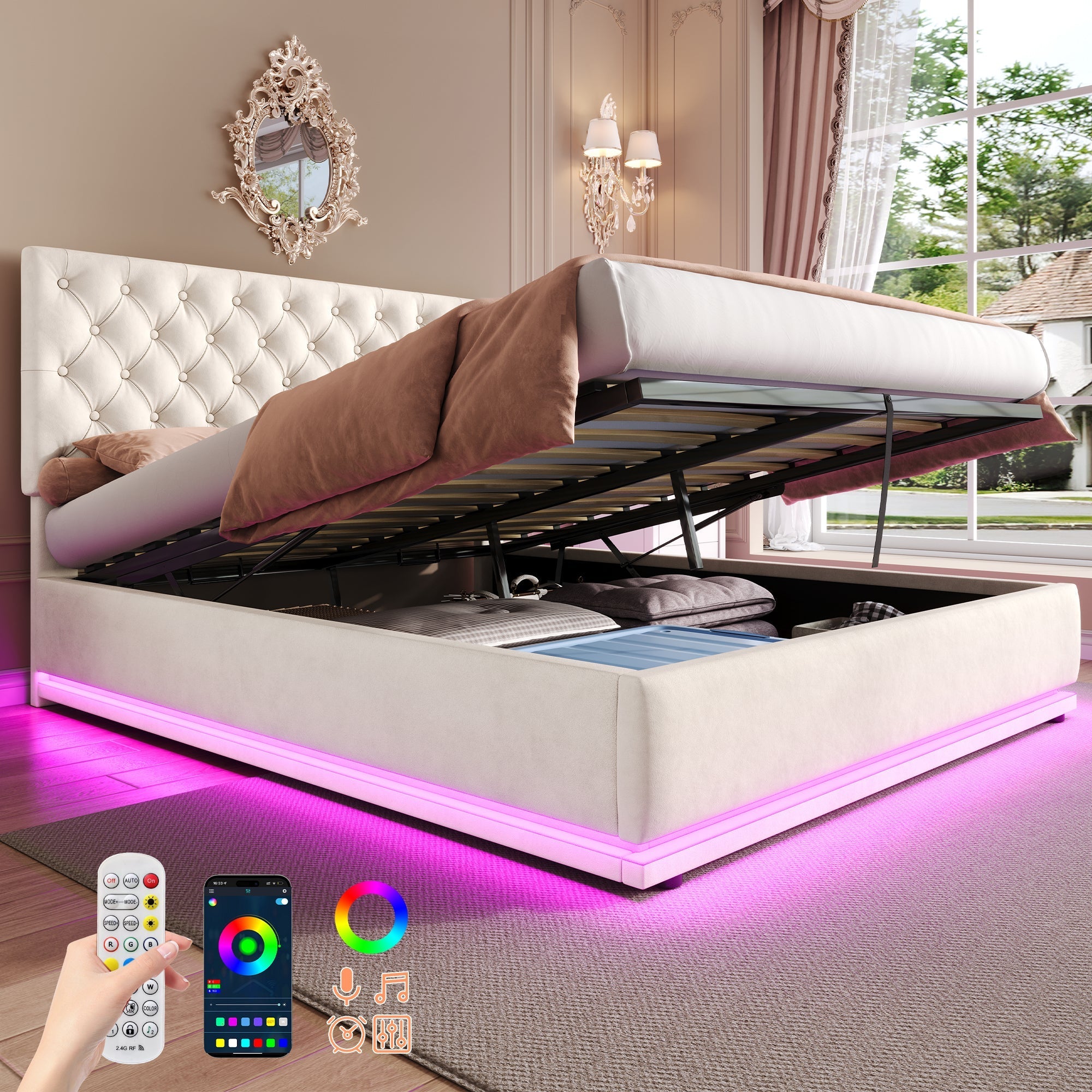 Double Ottoman Bed with LED, Hydraulic Storage, Adjustable Headboard, Velvet Beige