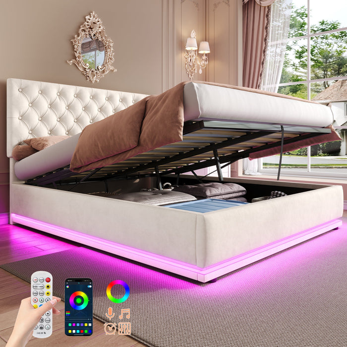 Double Ottoman Bed with LED, Hydraulic Storage, Adjustable Headboard, Velvet Beige