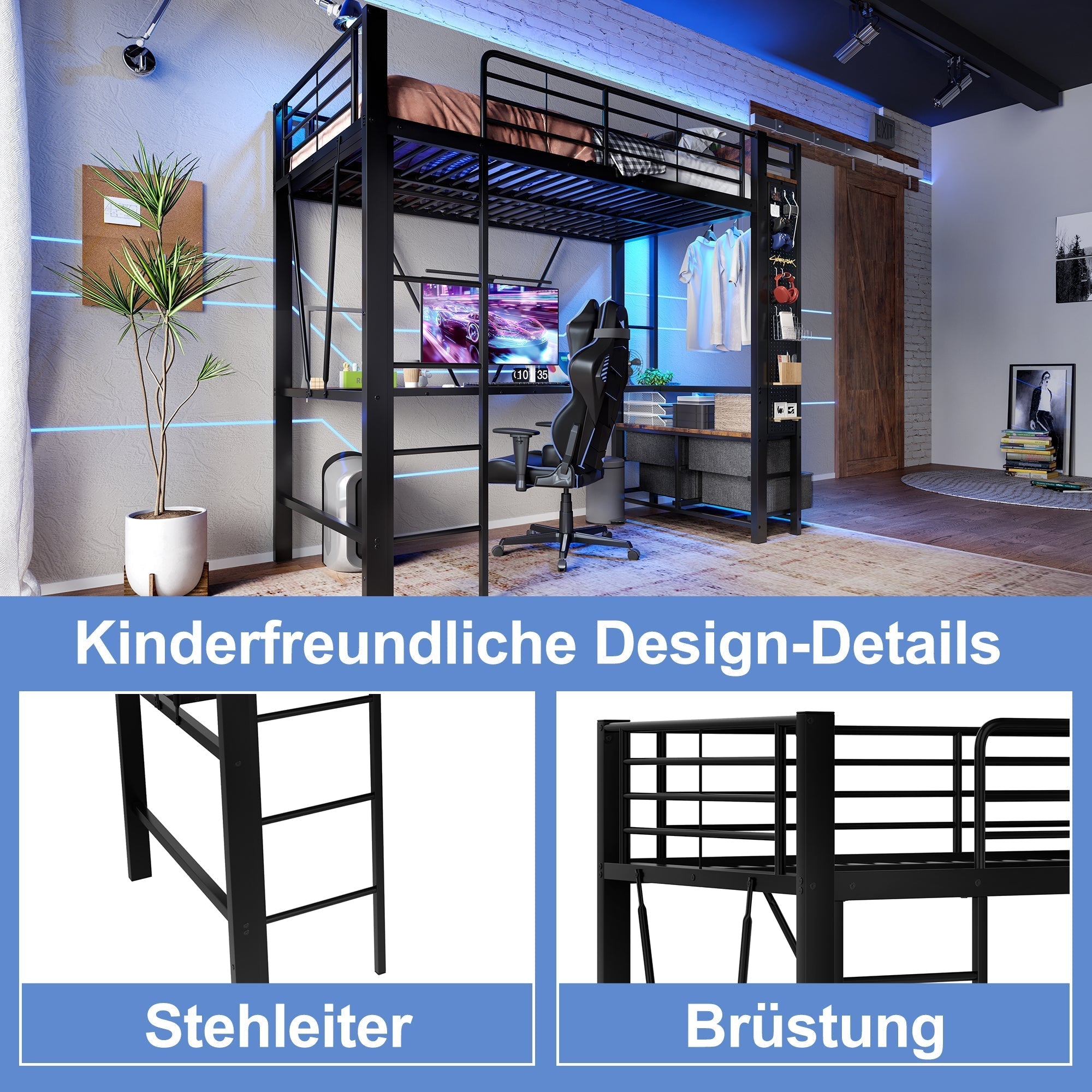 Loft Bed 90x200cm with Desk, Drying Rack, Storage, USB/Type-C & LED - Black Iron Frame