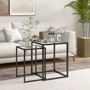 Nesting Tables Set of 2, Side End Table with Tempered Glass Top and Steel Frame, Black