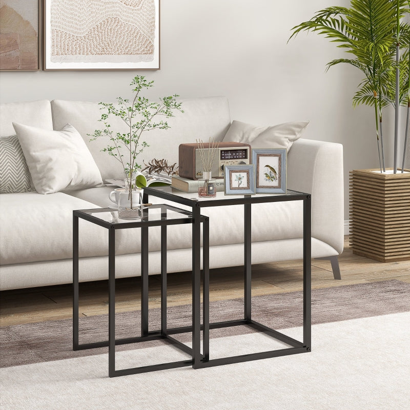 Nesting Tables Set of 2, Side End Table with Tempered Glass Top and Steel Frame, Black