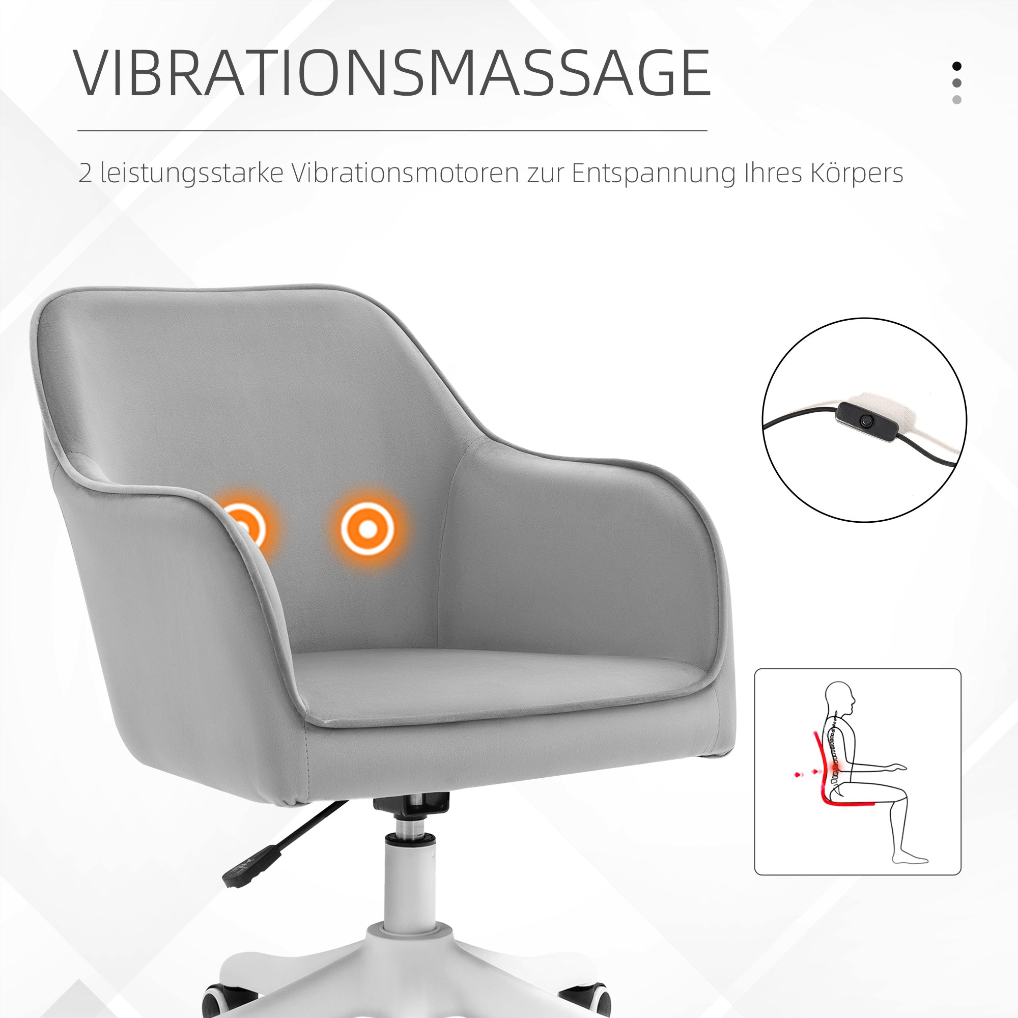 Swivel Office Chair, Massage Function, Armrests, Lumbar Cushion, Grey