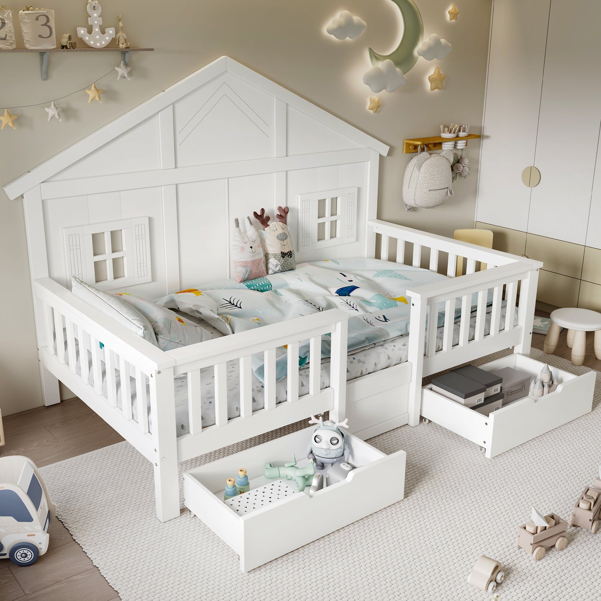 Wooden Bed with Two Drawers, Windows, and Roof, 90x200cm, White Pine + MDF + Plywood
