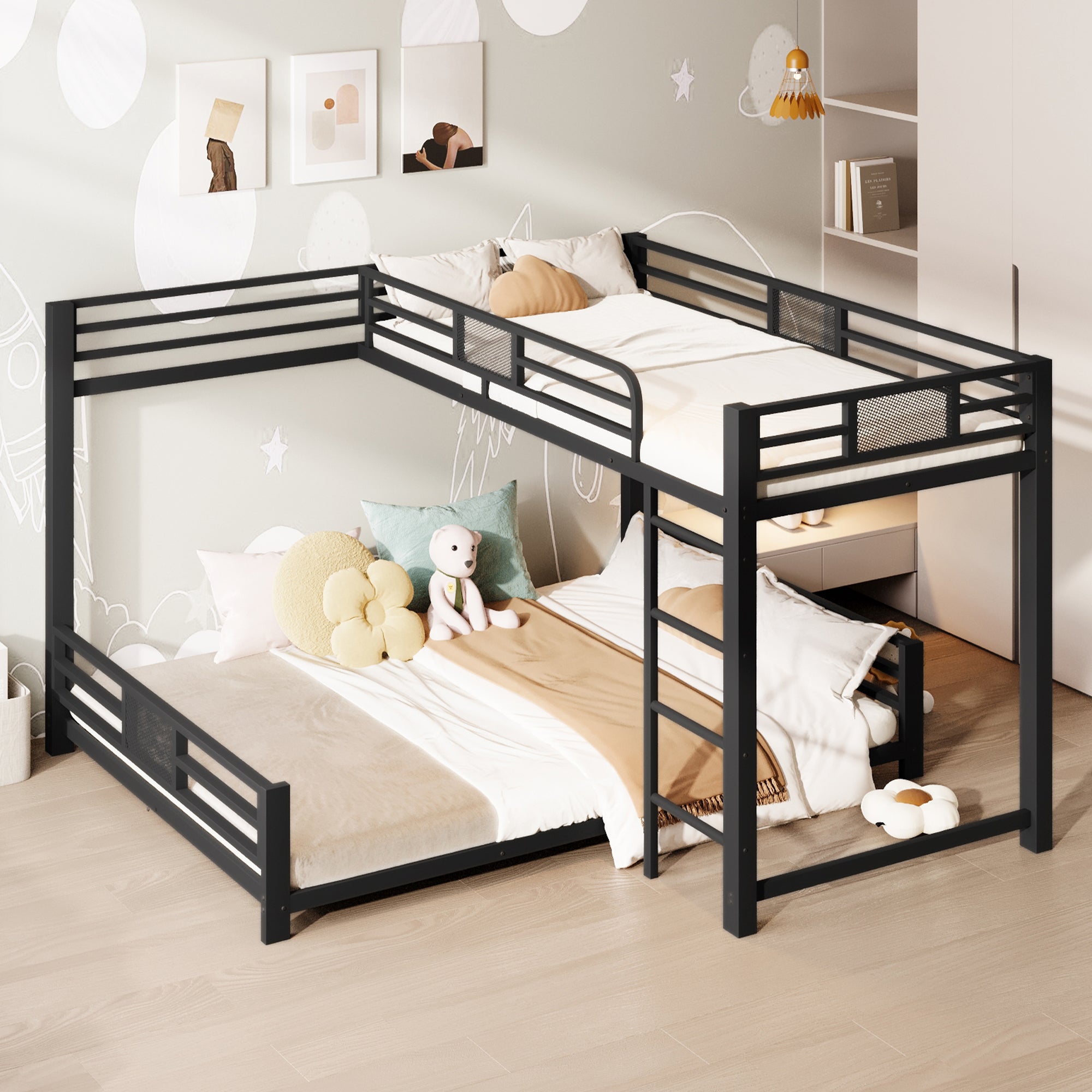 L-shaped Bunk Bed 90x200 over 140x200, Metal, Black