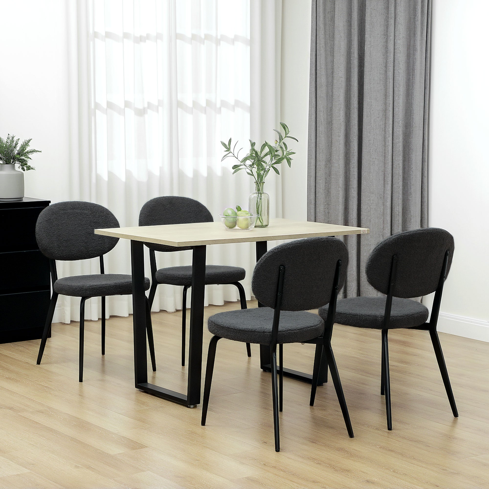 Set of Four Dining Chairs, Boucle Finish, Black
