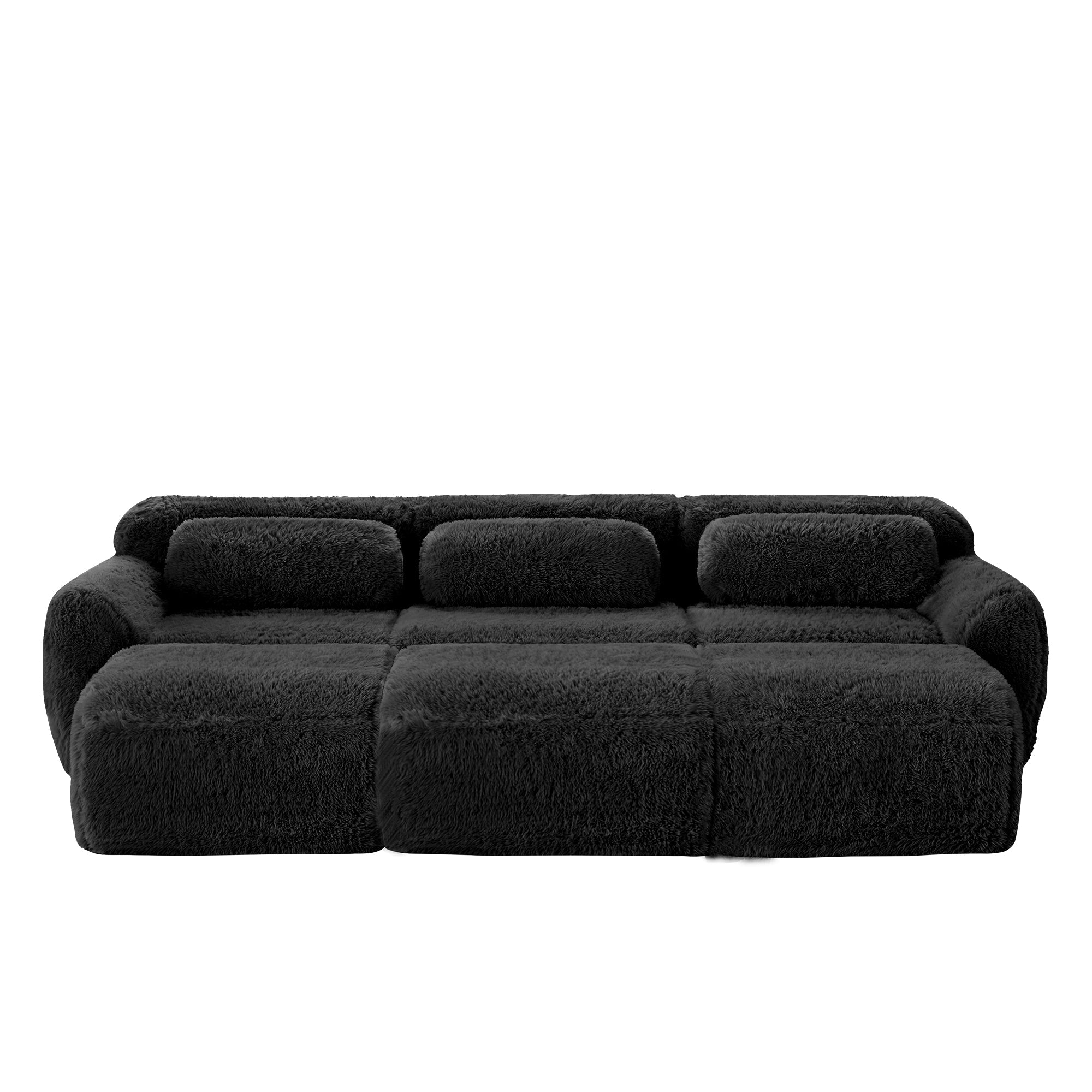 Boneless Cloud Sofas Modular 3-Seater Sleeper Sofa with 3 Ottomans Black Soft Plush Fabric