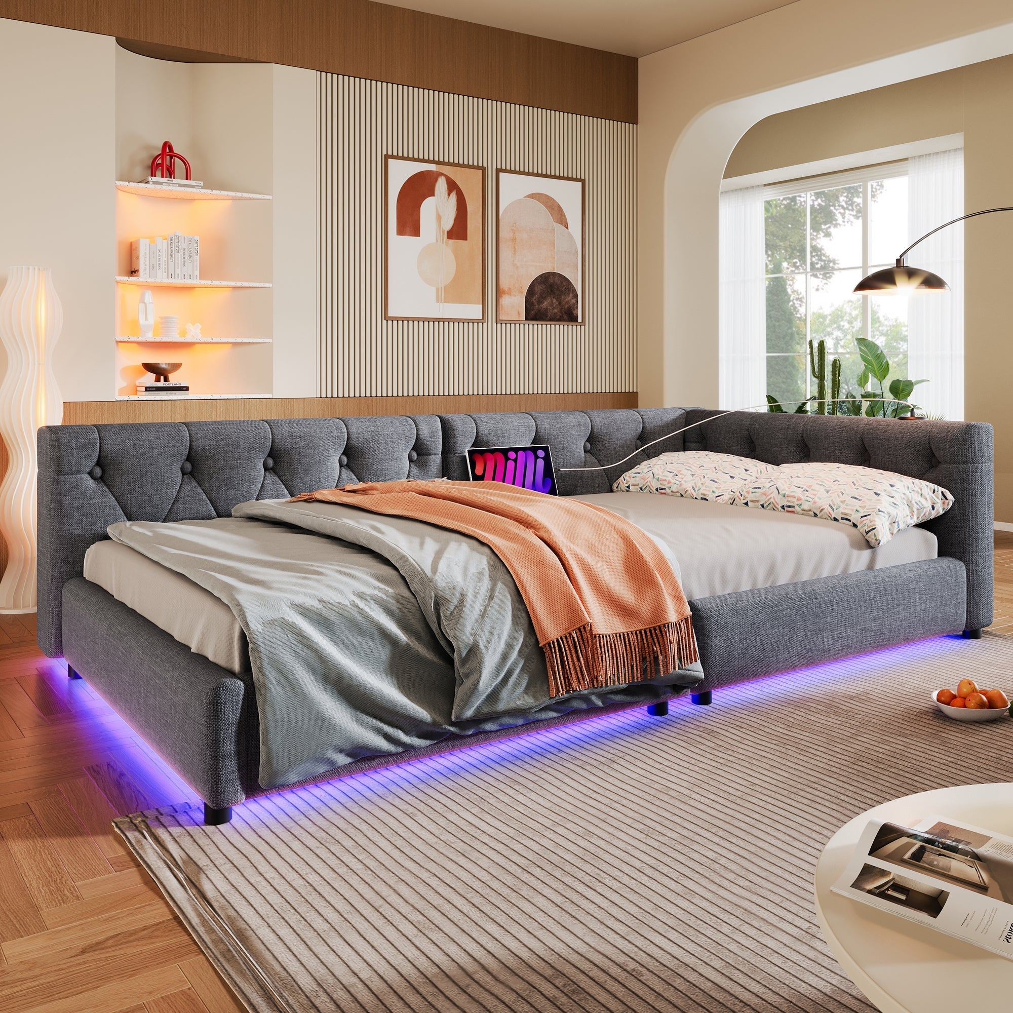 Sofa Daybed 90x200cm LED Light USB/Type-C Tufted Headboard - Linen Grey