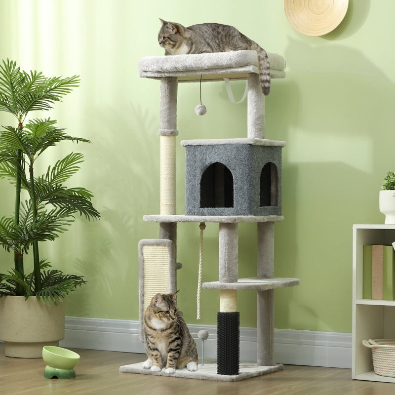 Katzenkratzbaum 132cm, Kratzstämme, Bett, Haus, Plattformen, Fellpflegebürste, Hellgrau
