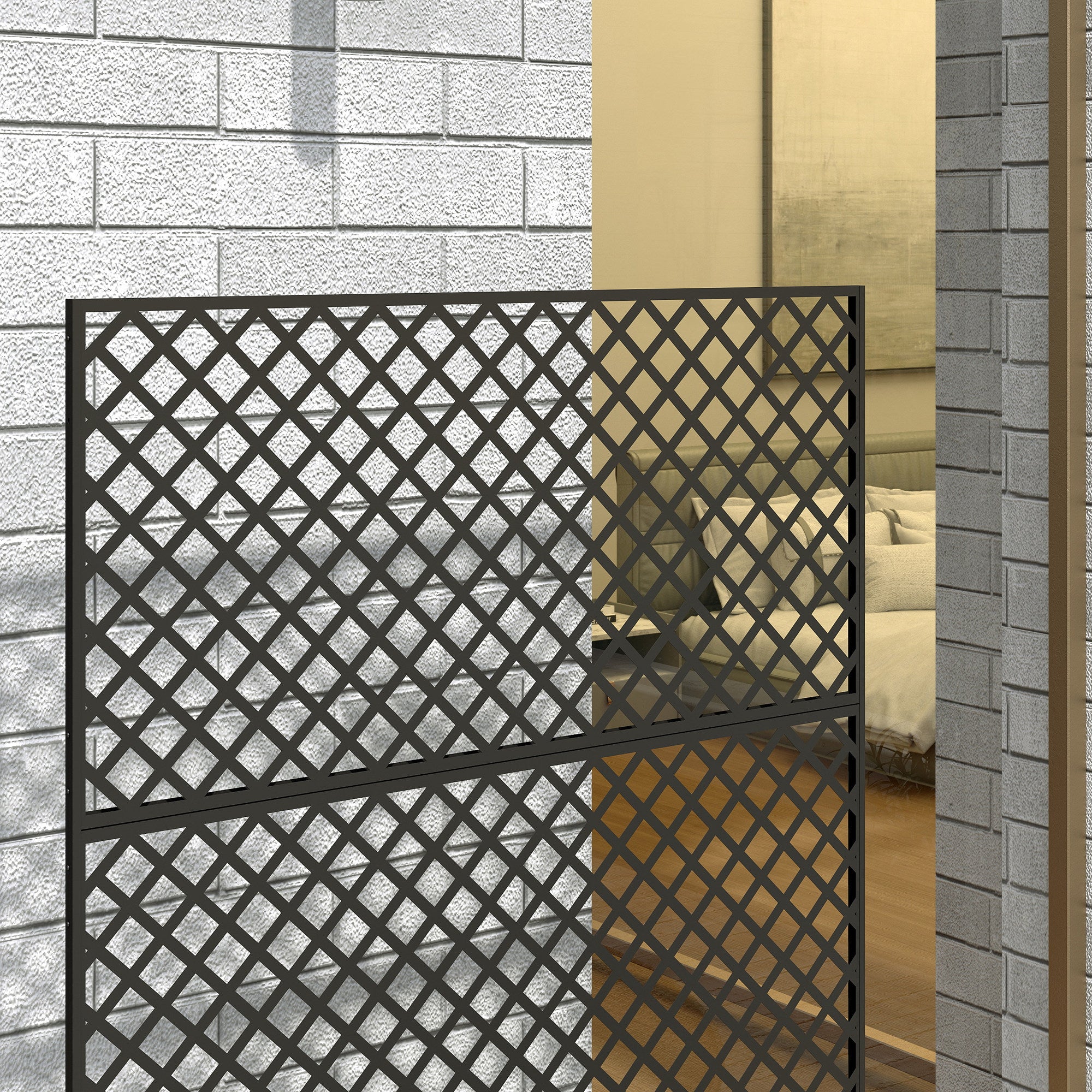 3-Panel Room Divider 122x198cm Freestanding Grid Screen, Steel, Black