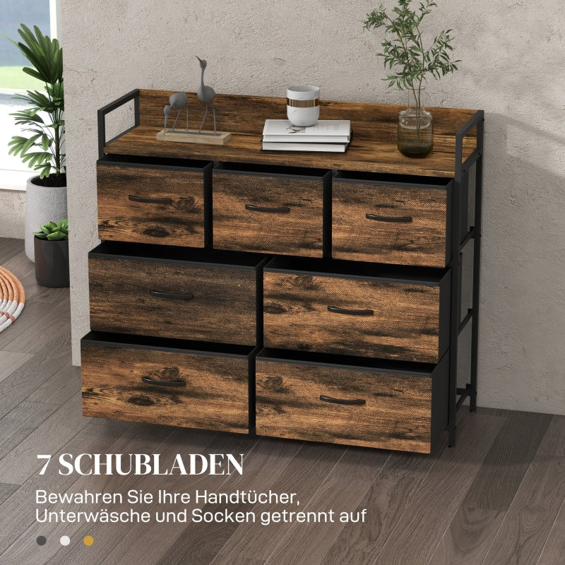 Kommode, 7 Stoffschubladen, Kippschutz, Braunes MDF