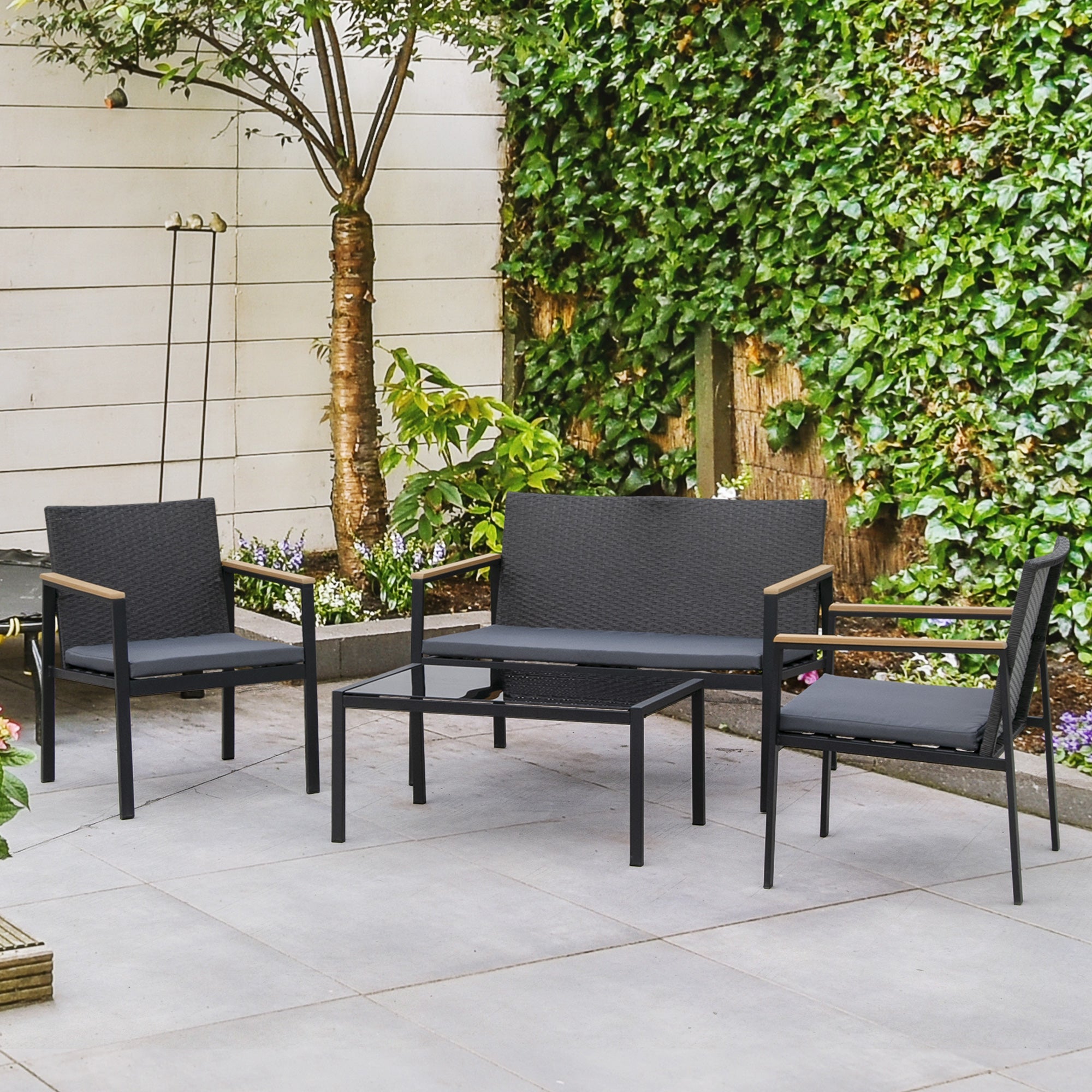 4 Piece Rattan Garden Furniture Set, 4 Seater Sofa Loveseat Armchairs Glass Table, Black