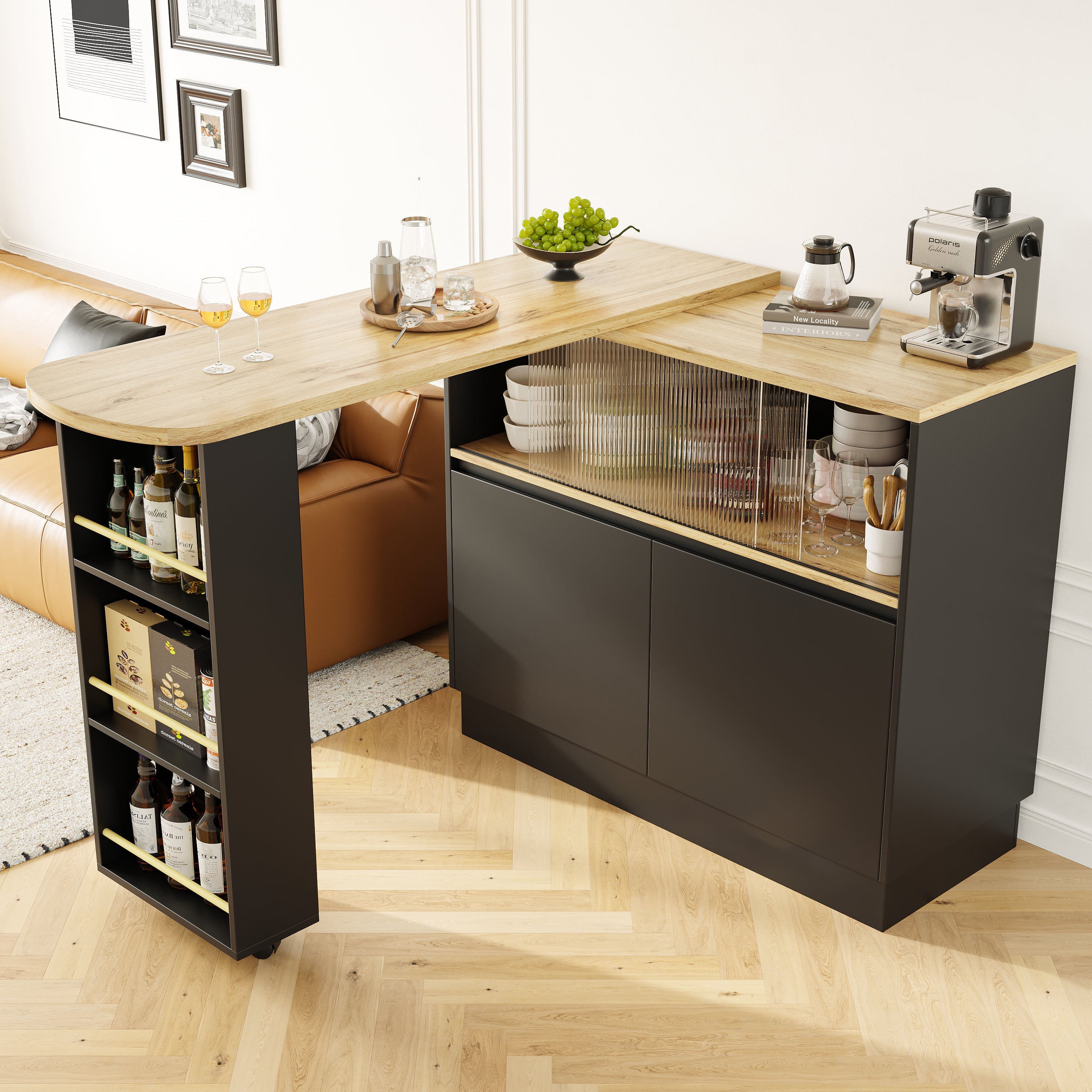 360° Swivelling Dining Bar with Shelves and Glass, Multifunctional, Black